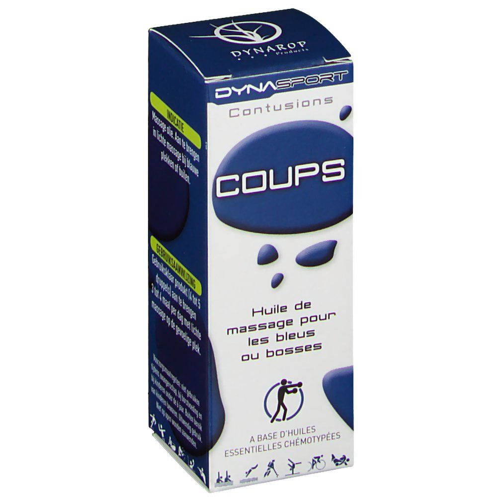 Boîte DYNASPORT COUPS. Emballage bleu et blanc. Texte: COUPS, huile de massage pour les bleus. Logo.