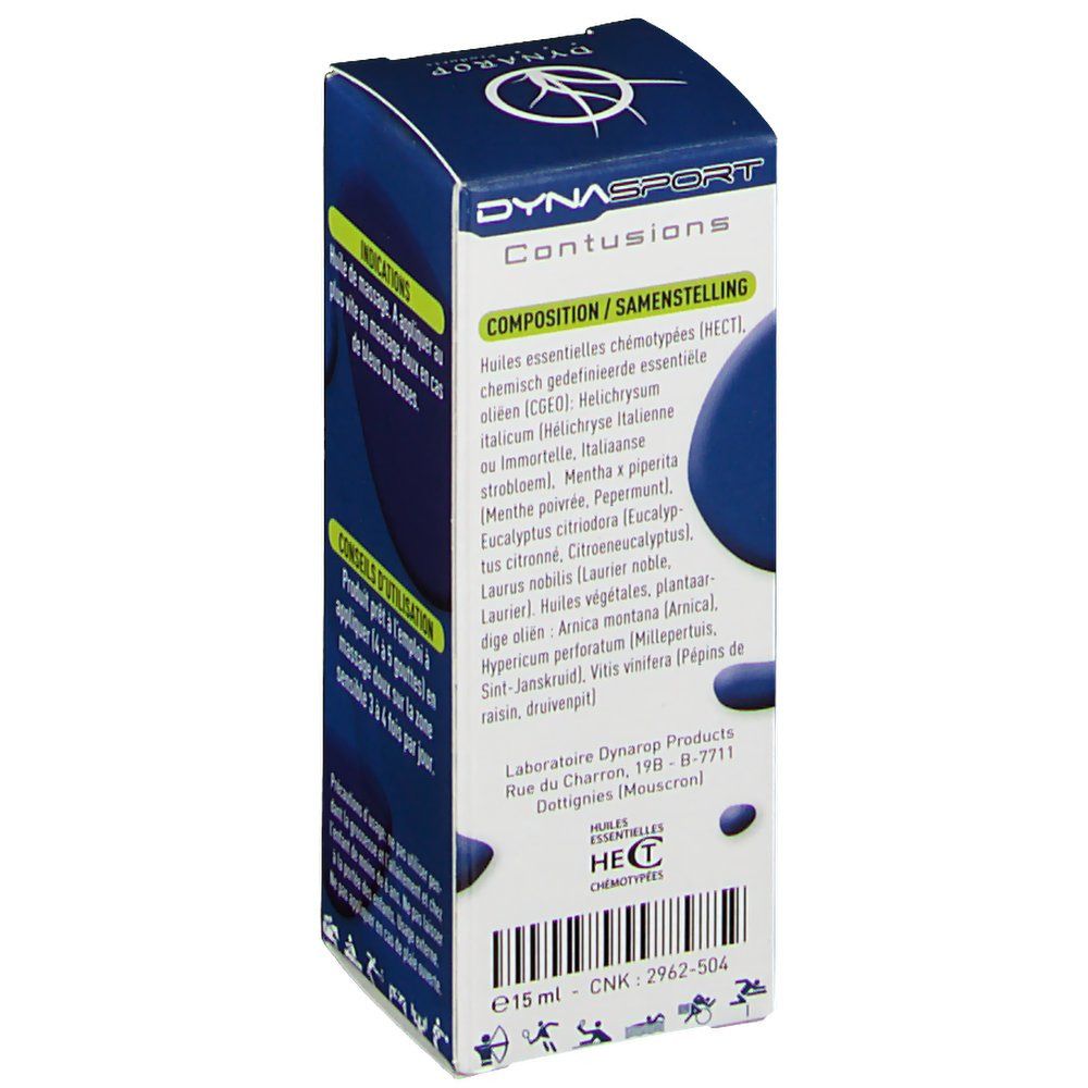Boîte DYNASPORT COUPS. Texte: Ingrédients, composition. Adresse du laboratoire. Certification HECT. 15 ml.