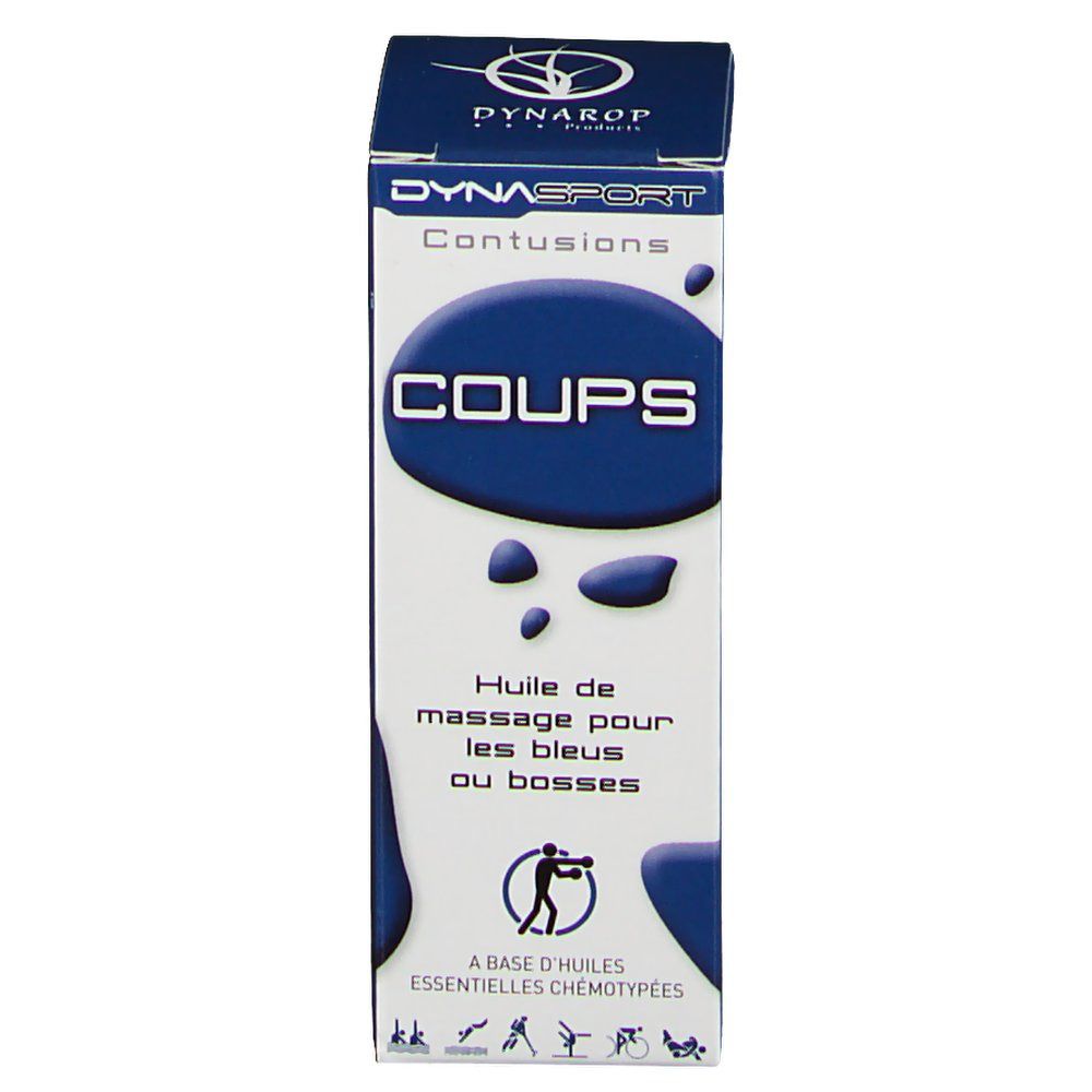 Boîte DYNASPORT COUPS. Texte: COUPS, huile de massage pour les bleus. Logo. Gouttes bleues.