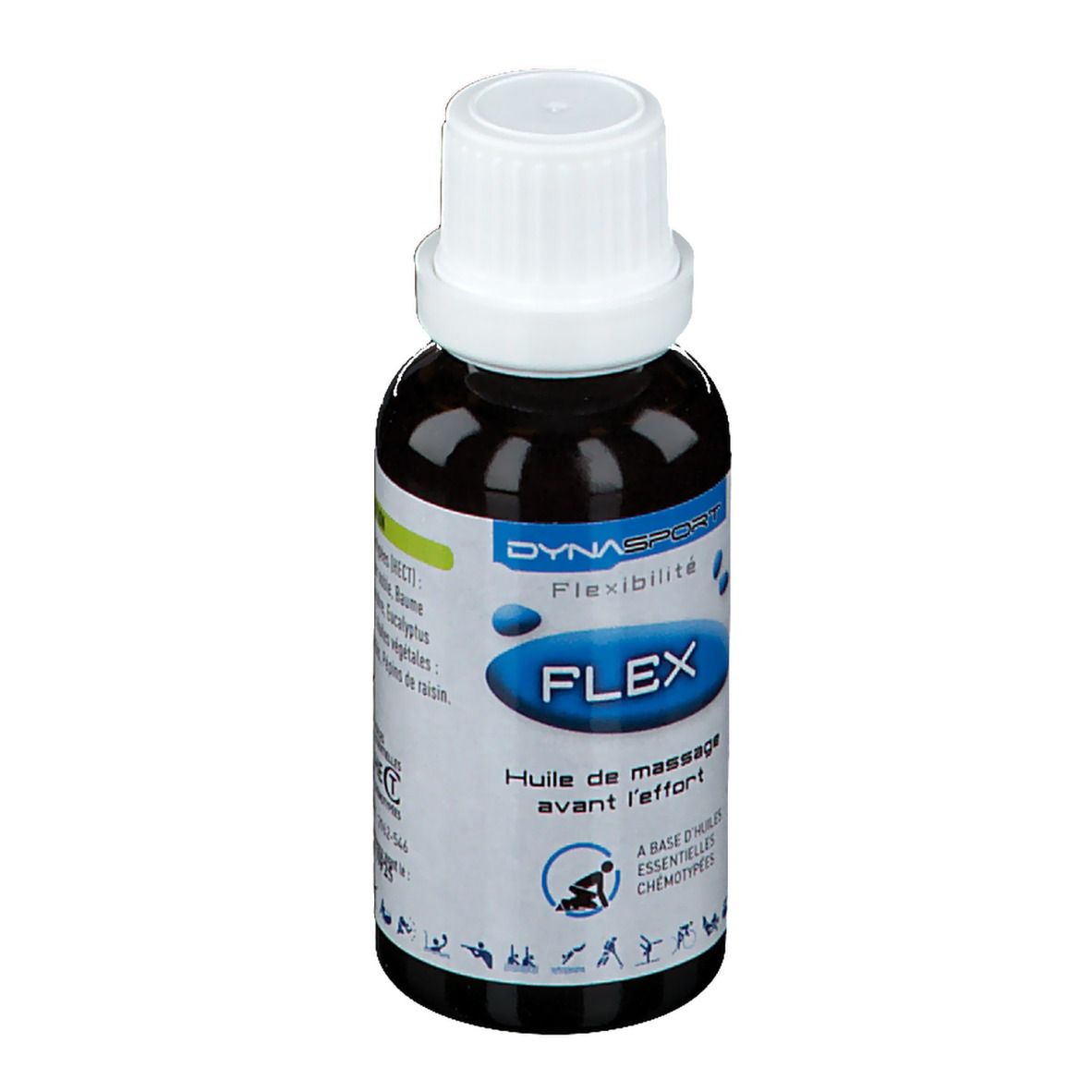 Flacon en verre brun avec bouchon blanc. Inscription FLEX, DYNASPORT, Huile de massage avant l'effort.