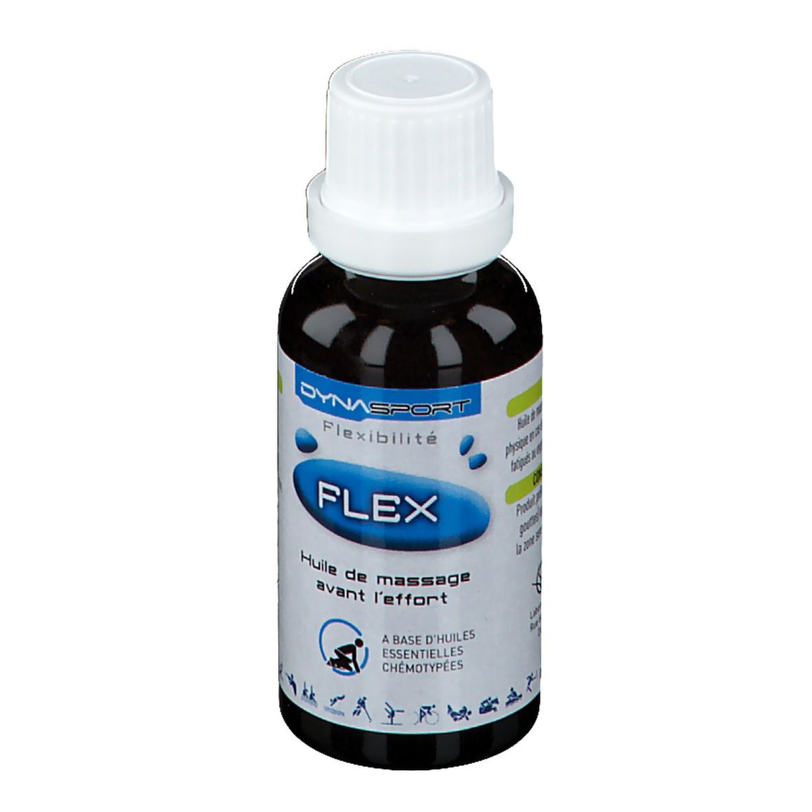 Flacon en verre brun avec bouchon blanc. Inscription FLEX, DYNASPORT, Huile de massage avant l'effort.