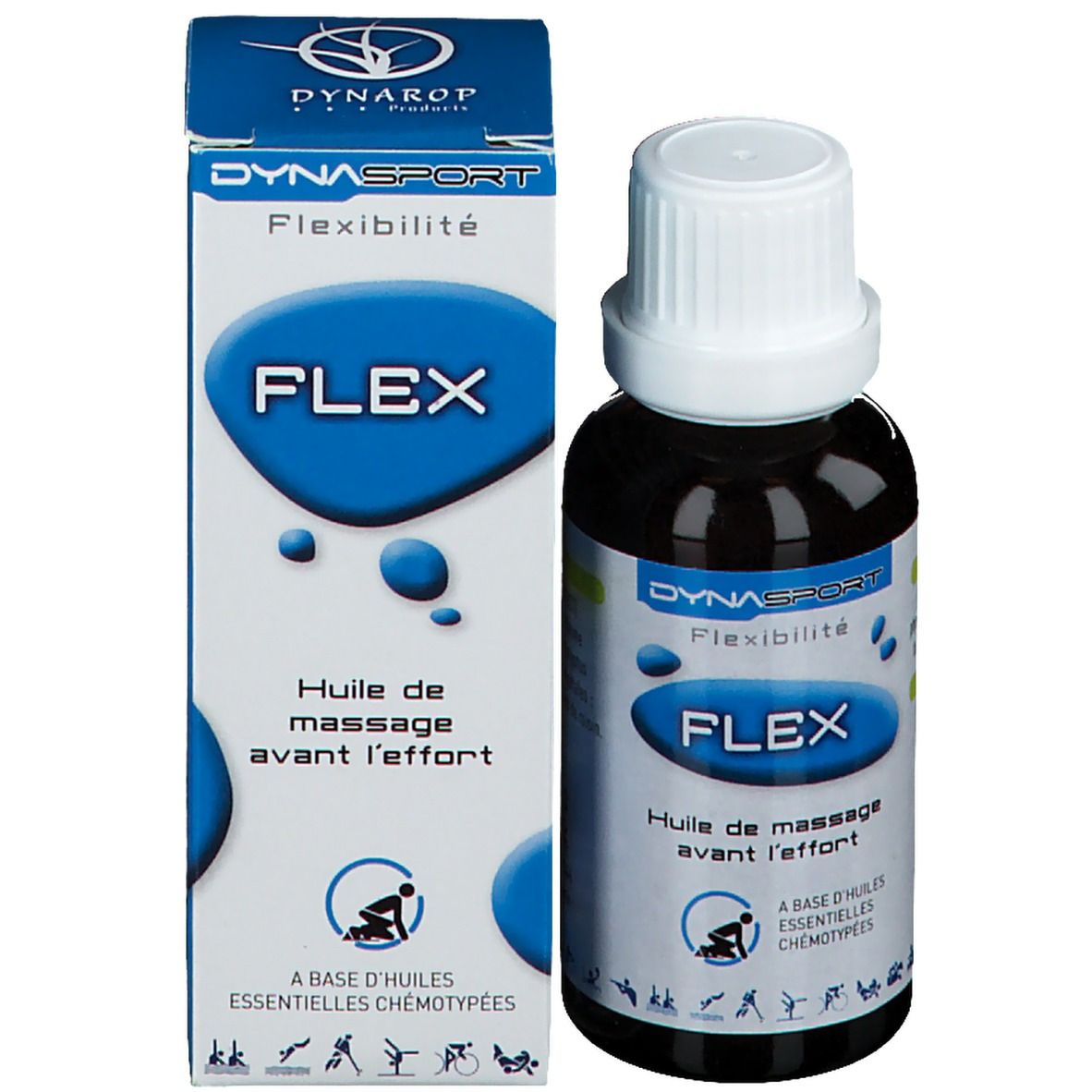 Produit et emballage. Flacon en verre brun avec bouchon blanc et boîte. Inscription FLEX, DYNASPORT.