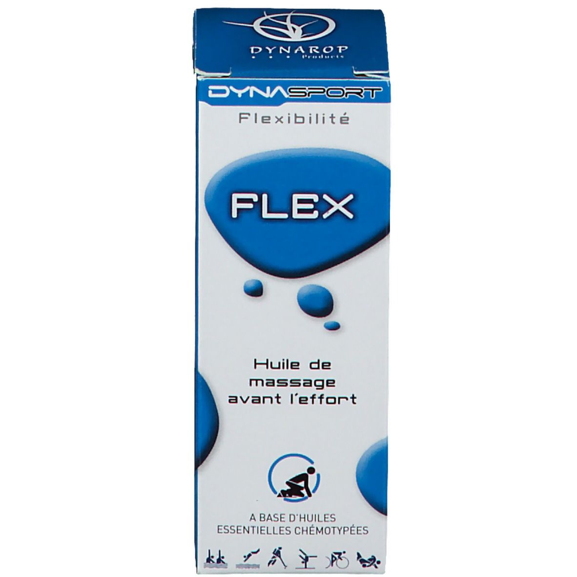 Emballage en carton. Inscription FLEX, DYNASPORT, Huile de massage avant l'effort.