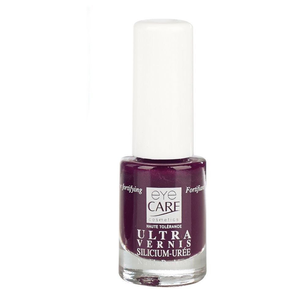 Flacon de vernis à ongles avec bouchon blanc. Inscription: EYE CARE, ULTRA VERNIS SILICIUM-URÉE.