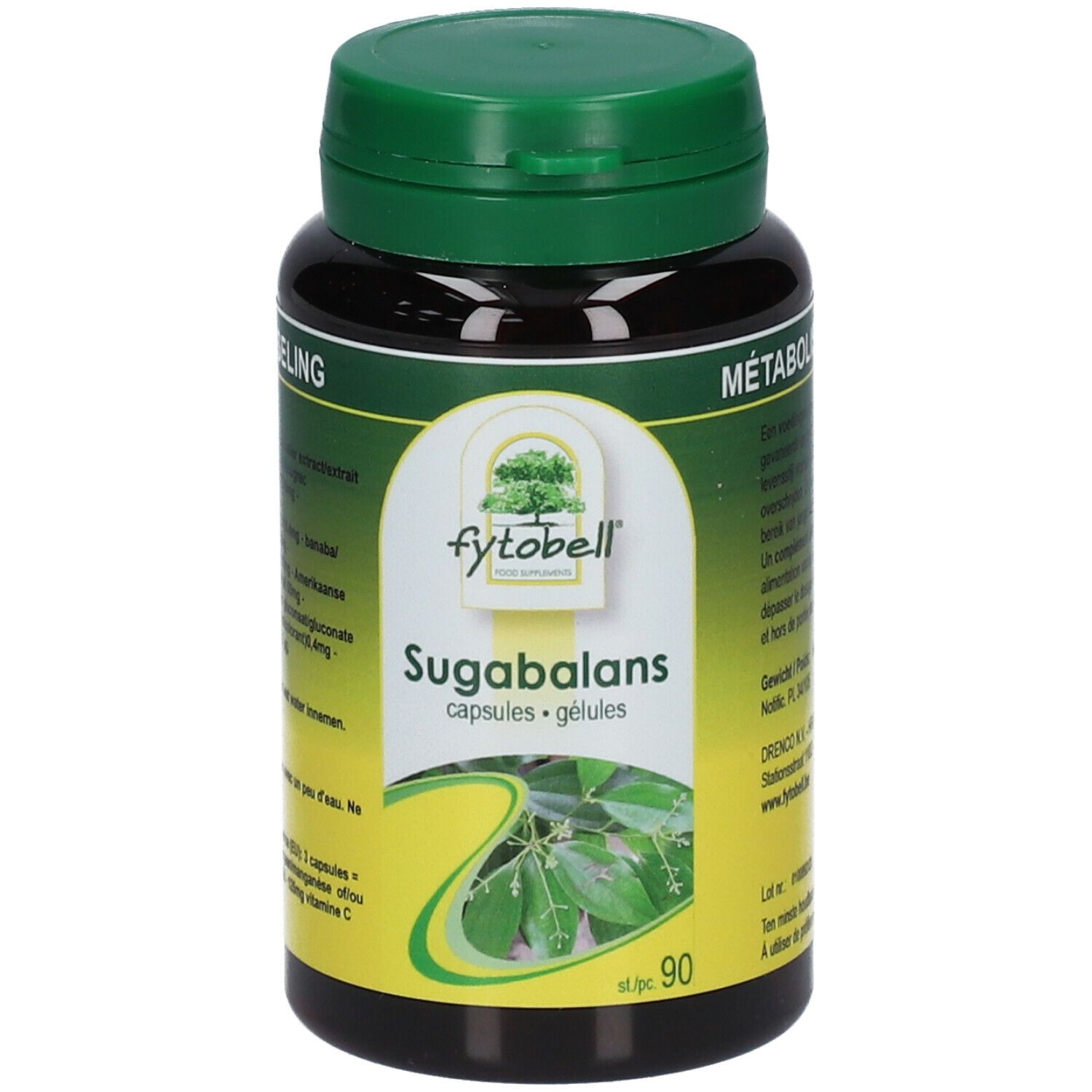 Bruine fles met groene dop. Opschrift: Fytobell Sugabalans capsules. 90 capsules.