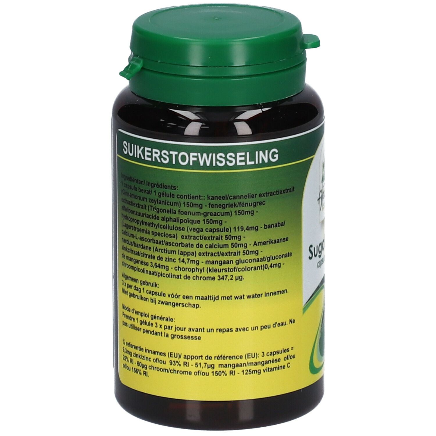 Achterkant van de fles. Ingrediëntenlijst en gebruiksaanwijzing. Opschrift: Suikerstofwisseling.