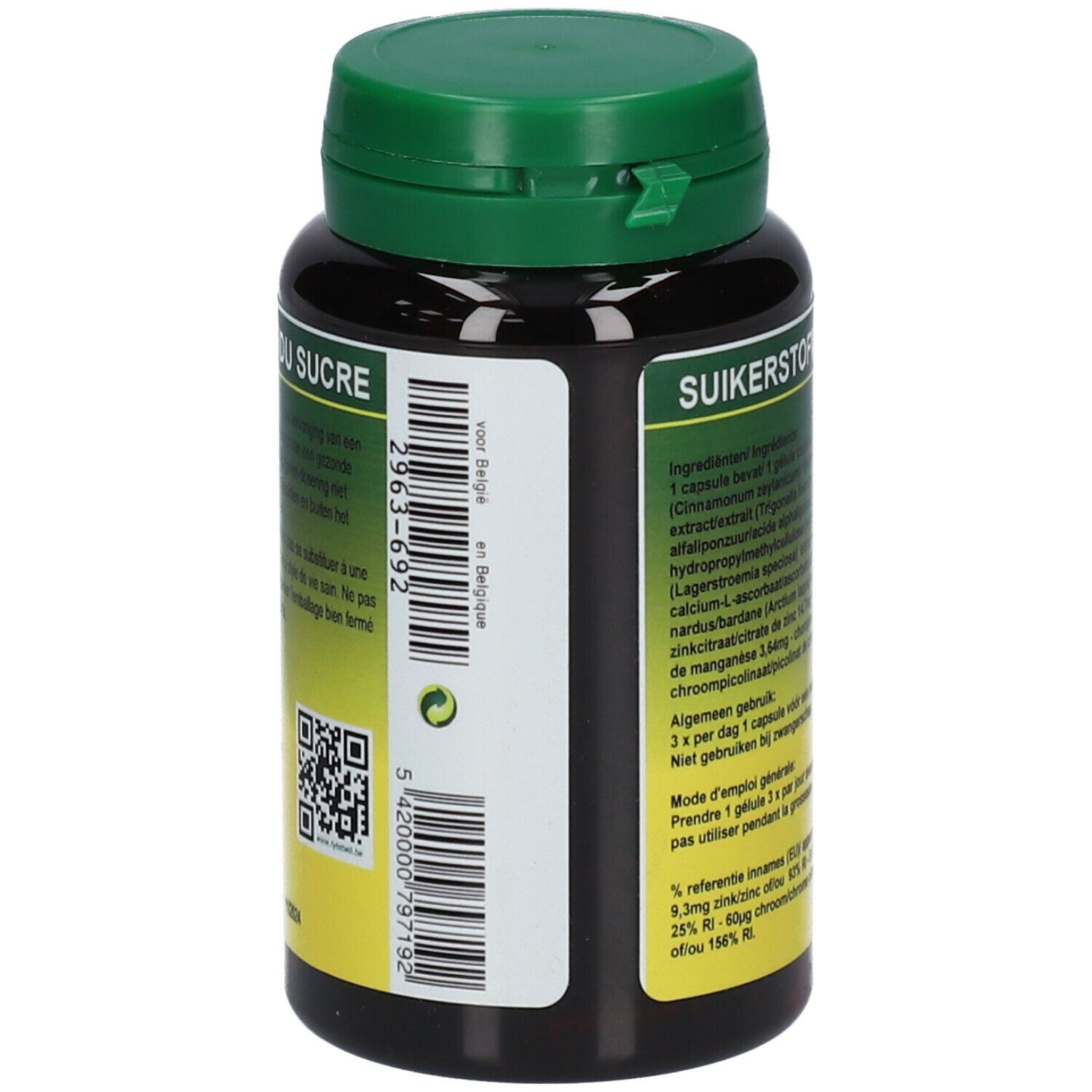 Achterkant van de fles. QR-code en informatie. Opschrift: Suiker.