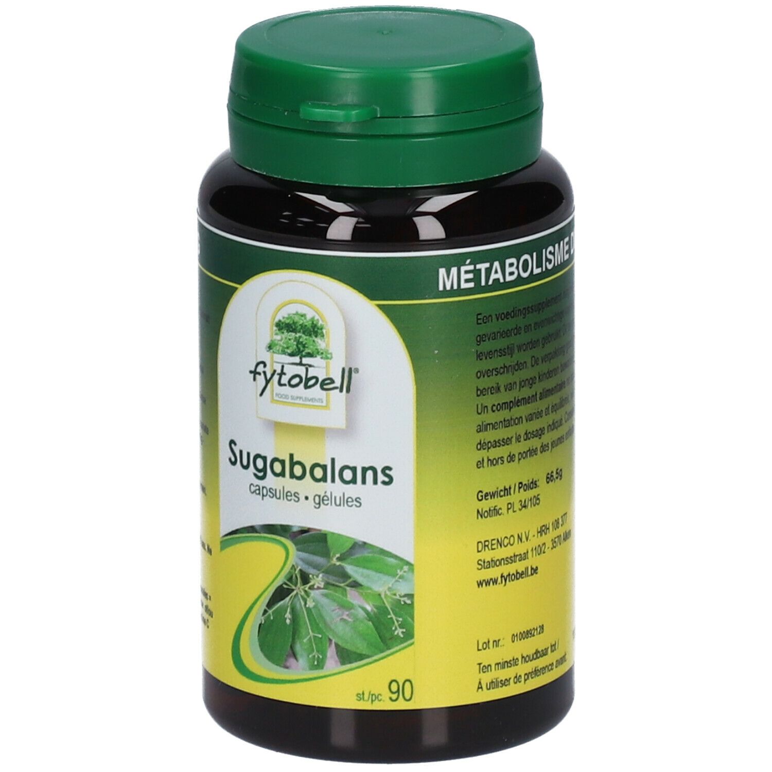 Bruine fles met groene dop. Opschrift: Fytobell Sugabalans capsules. 90 capsules.