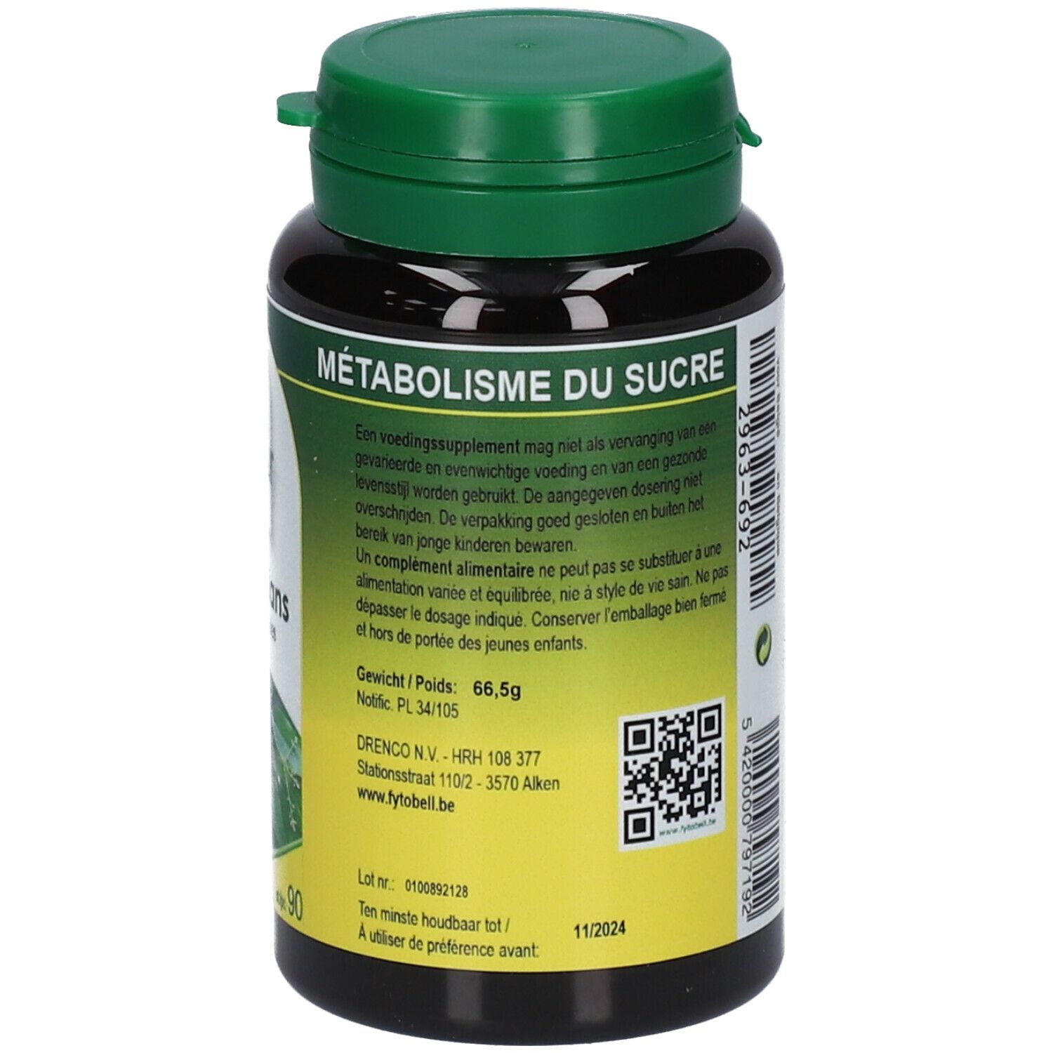 Bruine fles met groene dop. Opschrift: Fytobell Sugabalans capsules. 90 capsules.