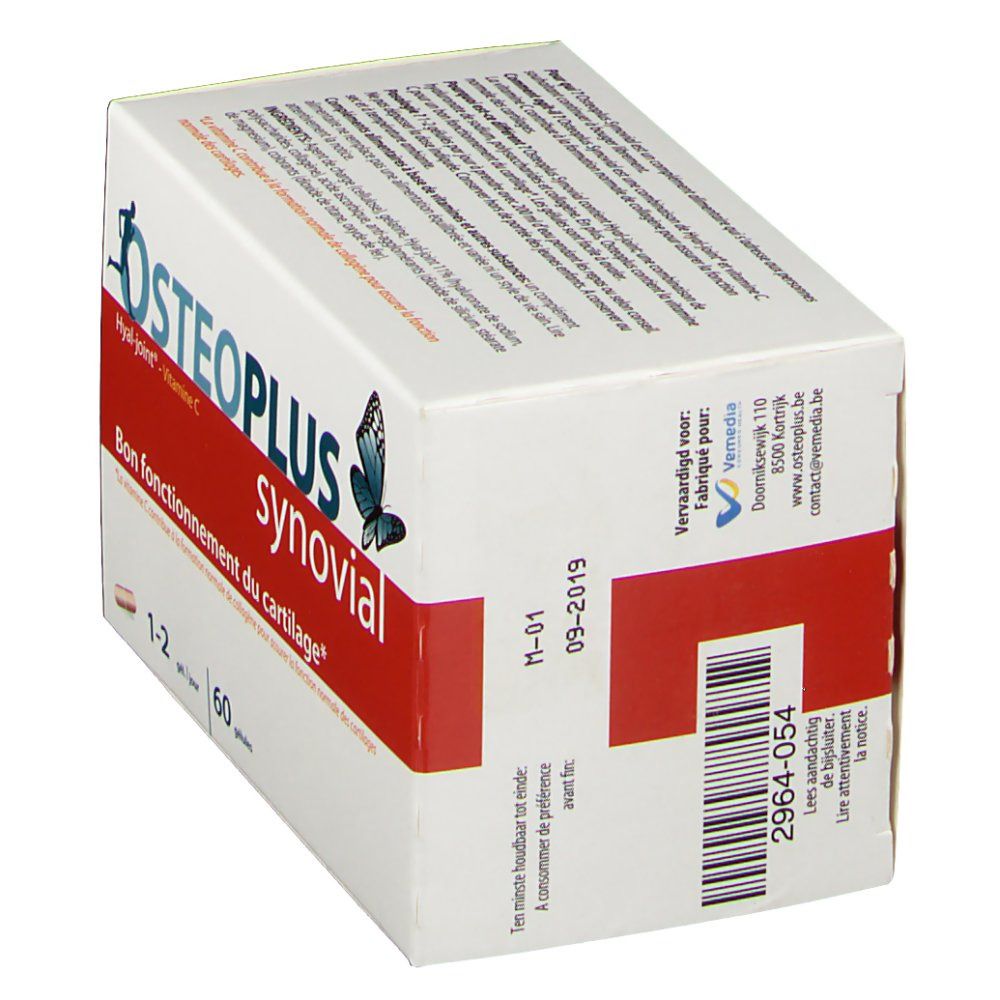 Boîte Osteoplus Synovial, vue oblique. Boîte blanche avec bande rouge, informations produit et code-barres.