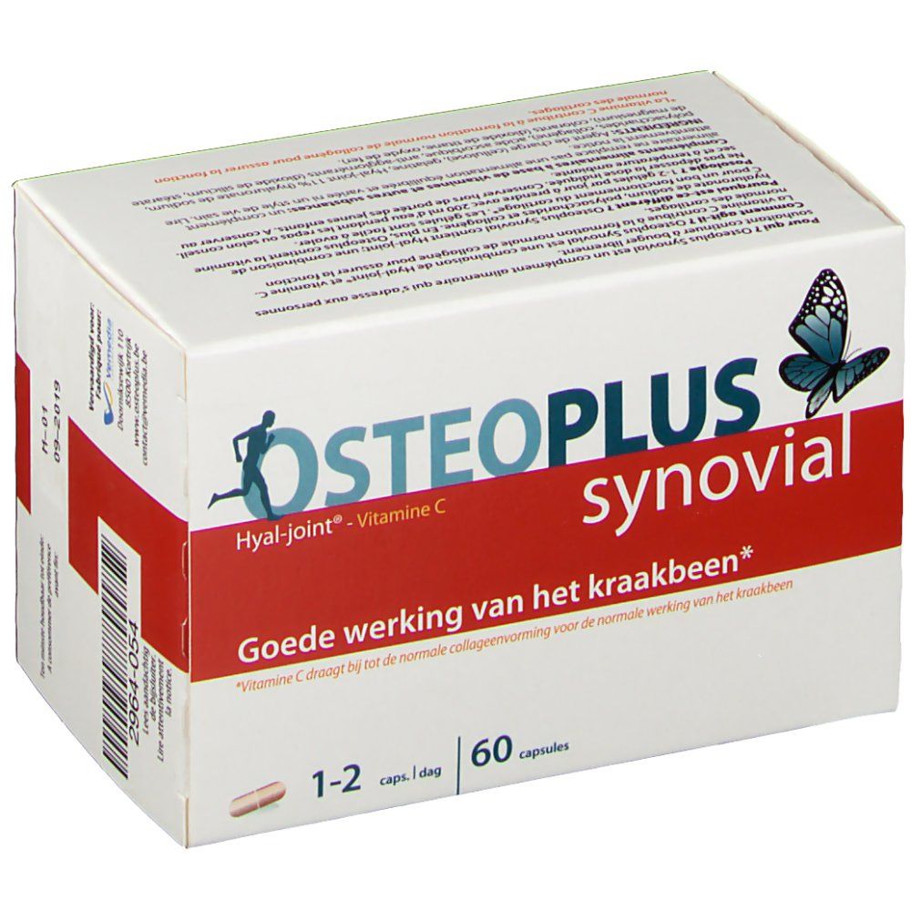 Boîte Osteoplus Synovial avec 60 gélules. Boîte blanche avec nom du produit, logo et texte en néerlandais.