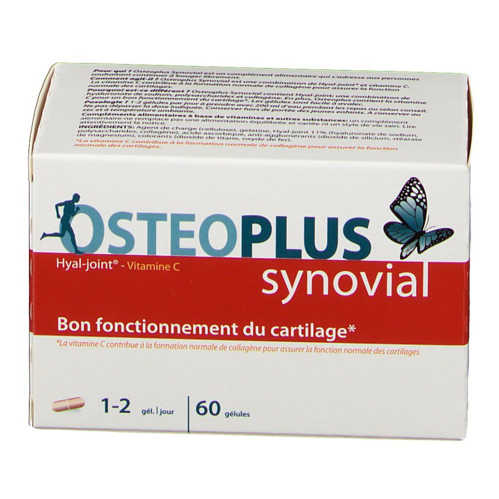 Boîte Osteoplus Synovial avec 60 gélules. Boîte blanche avec nom du produit, logo et texte en français.