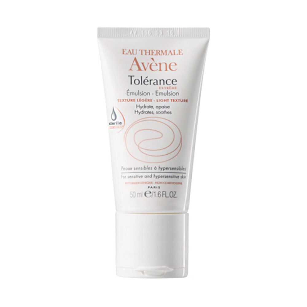 Tube blanc Avène Tolérance Extrême Emulsion. Texture légère. 50 ml. Cosmétique stérile.