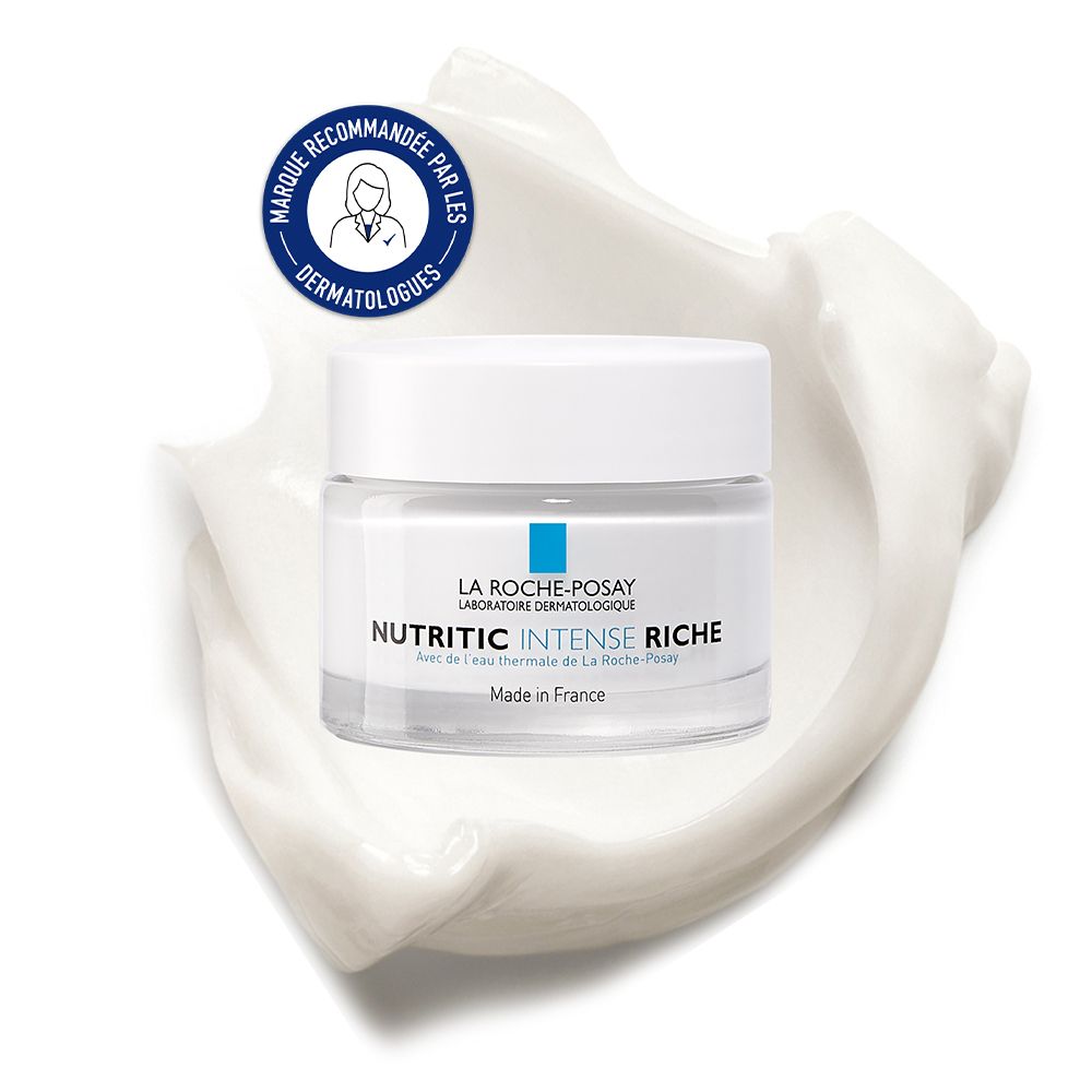 Pot de crème sur fond blanc. Inscription: Nutritic Intense Riche. Logo: Recommandé par les dermatologues.