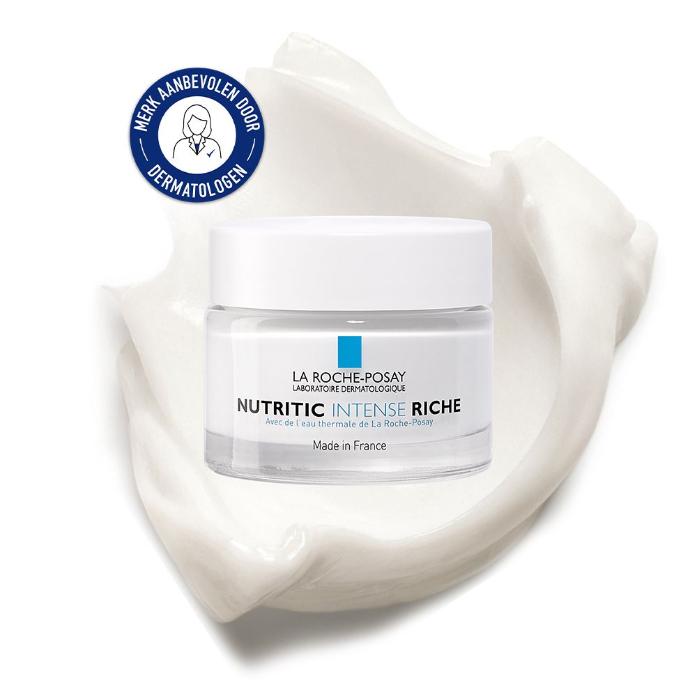 Crèmepot op witte achtergrond. Opschrift: Nutritic Intense Riche. Logo: Merk aanbevolen door dermatologen.