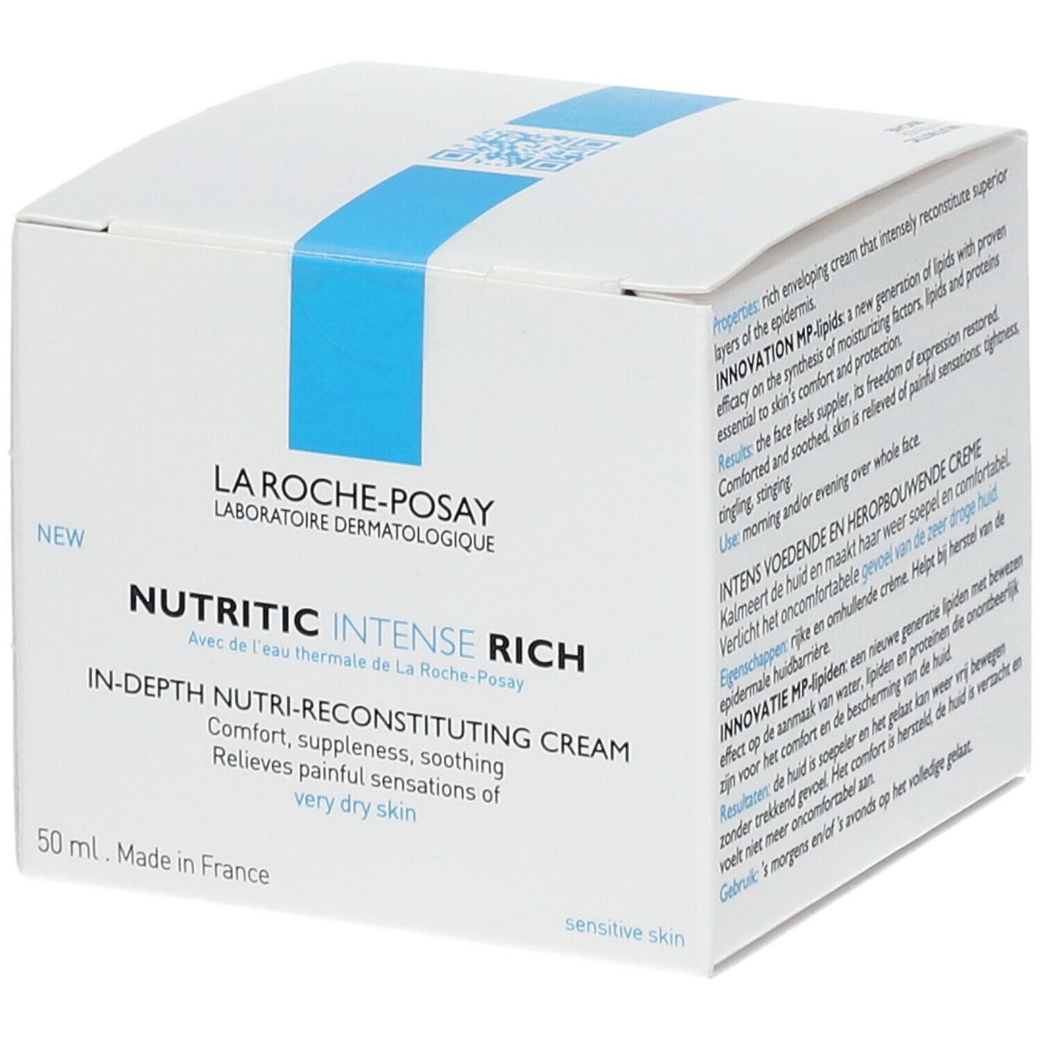 Witte doos. Opschrift: La Roche-Posay, Nutritic Intense Riche. Tekst in het Duits, Frans, Nederlands.