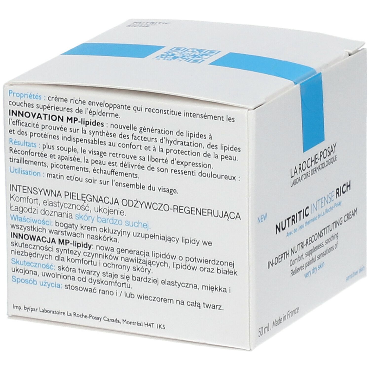 Witte doos. Tekst in het Duits, Frans, Pools. Opschrift: La Roche-Posay, Nutritic Intense Riche.