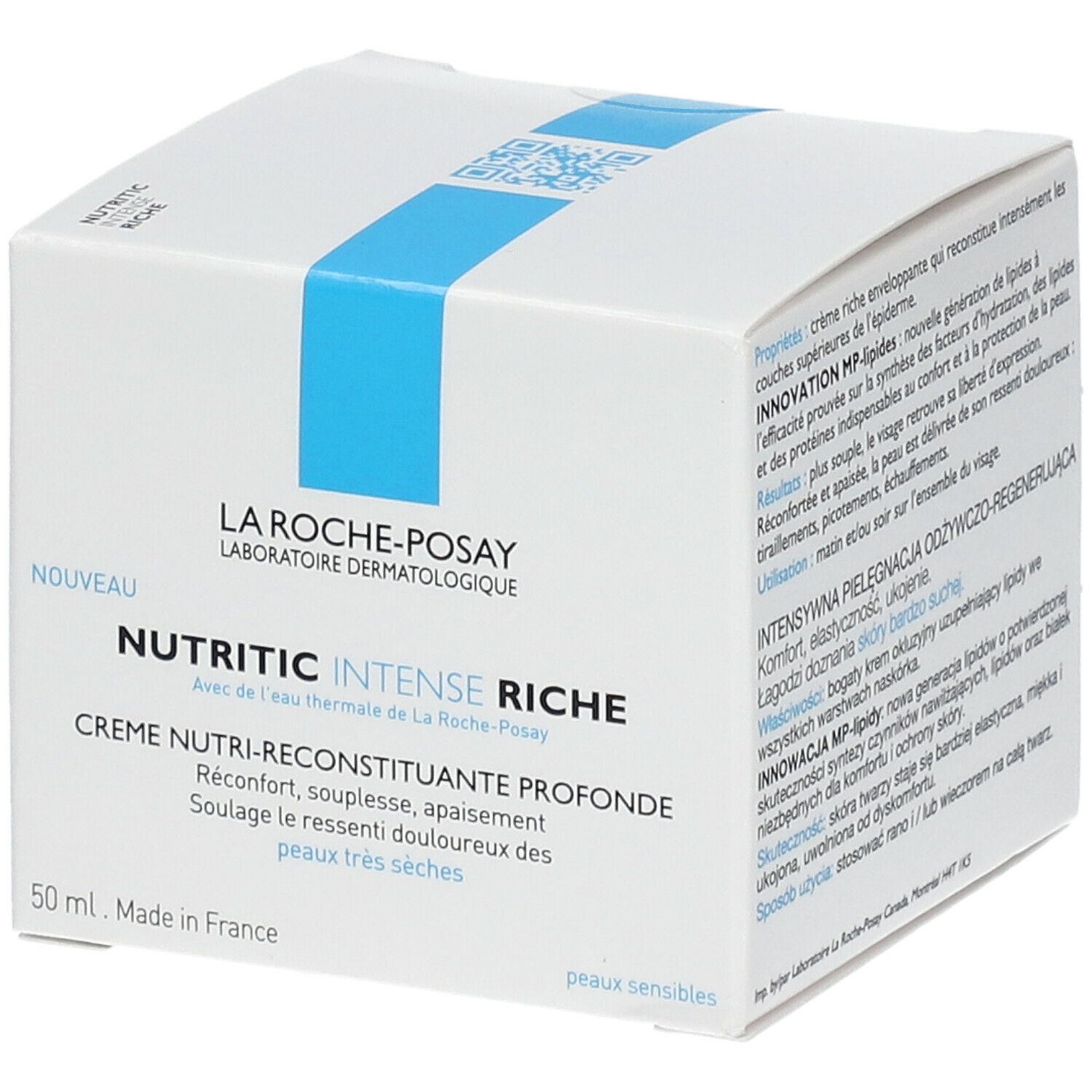 Witte doos. Opschrift: La Roche-Posay, Nutritic Intense Riche. Tekst in het Duits, Frans, Pools.