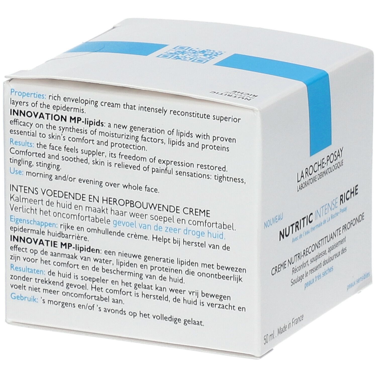 Witte doos. Opschrift: La Roche-Posay, Nutritic Intense Riche. Tekst in het Duits, Frans, Nederlands.