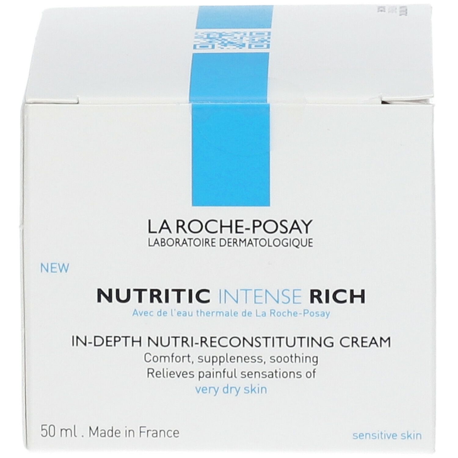 Witte doos. Opschrift: La Roche-Posay, Nutritic Intense Riche. Tekst in het Duits, Frans.