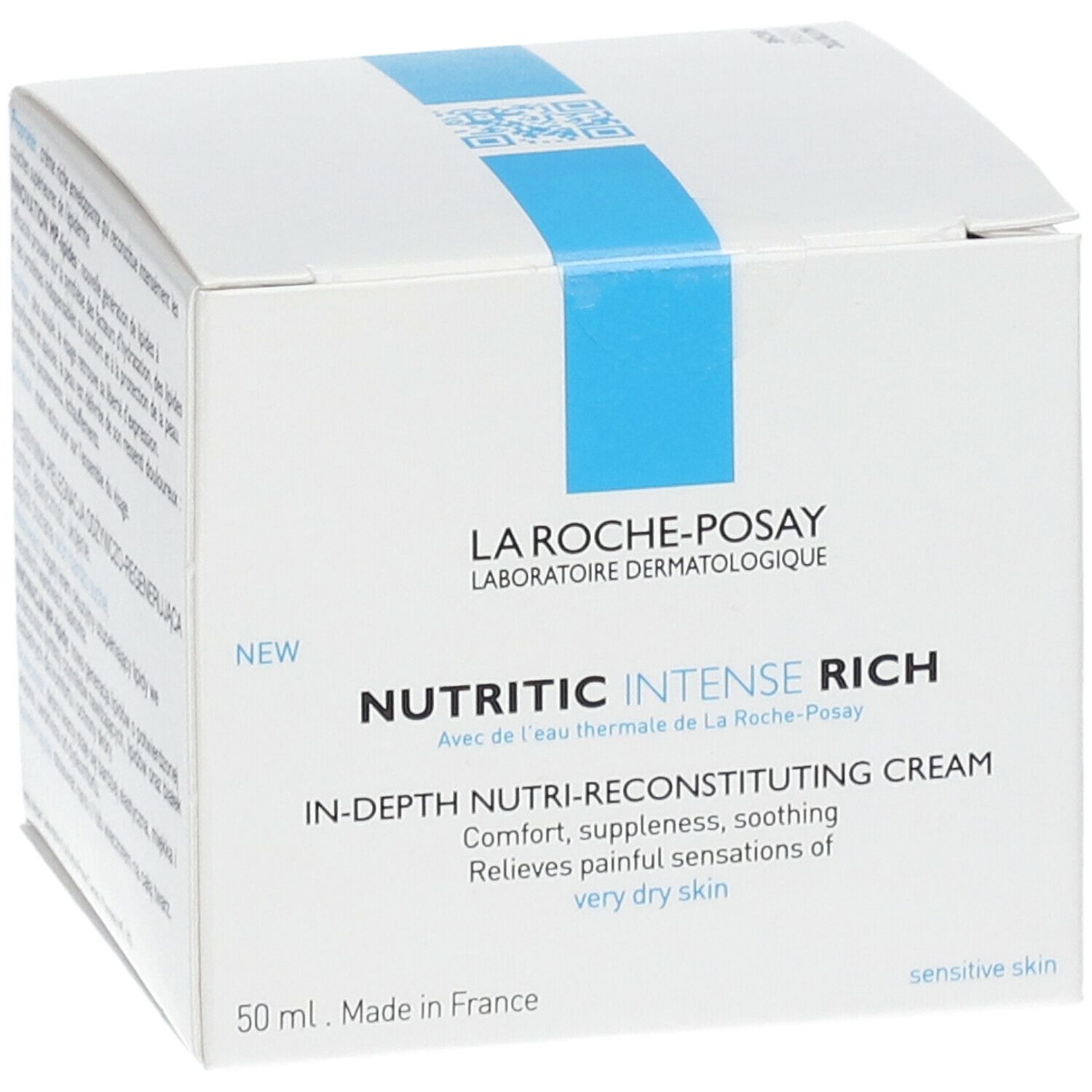 Witte doos. Opschrift: La Roche-Posay, Nutritic Intense Riche. Tekst in het Duits, Frans.