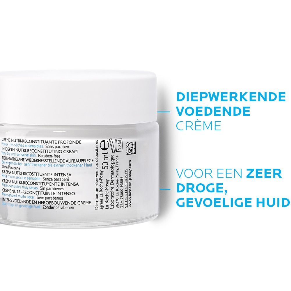 Crèmepot. Opschrift: Nutritic Intense Riche. Tekst in het Nederlands. Opschrift: Diepwerkende voedende crème.