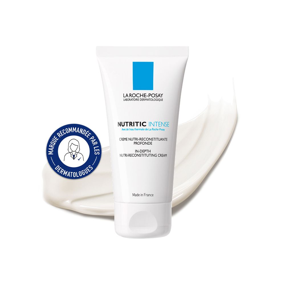 Tube blanc avec logo bleu. Inscription: La Roche-Posay, Nutritic Intense. Crème. Recommandé par les dermatologues.