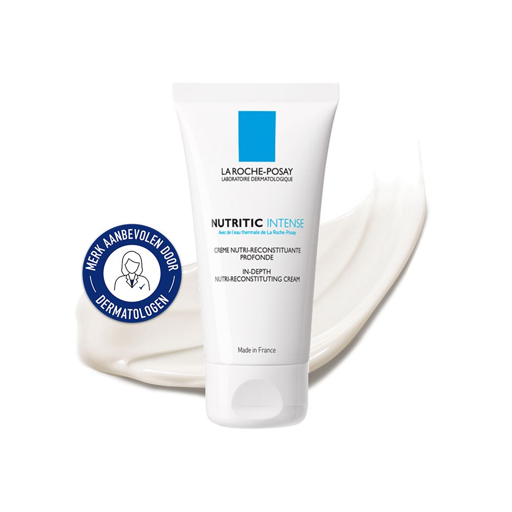Witte tube met blauw logo. Opschrift: La Roche-Posay, Nutritic Intense. Crème. Aanbevolen door dermatologen.