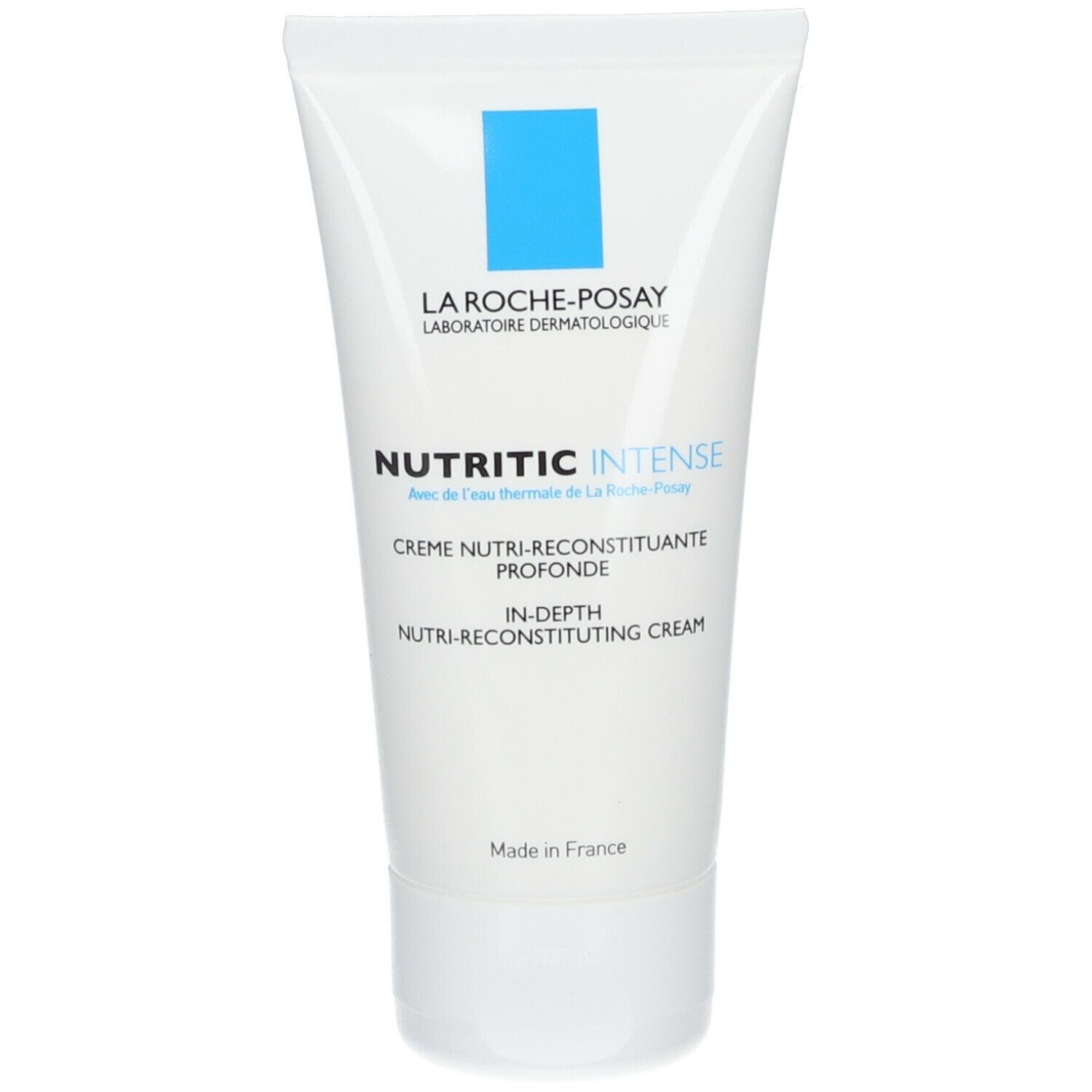Witte tube met blauw logo. Opschrift: La Roche-Posay, Nutritic Intense. Crème voor droge huid.
