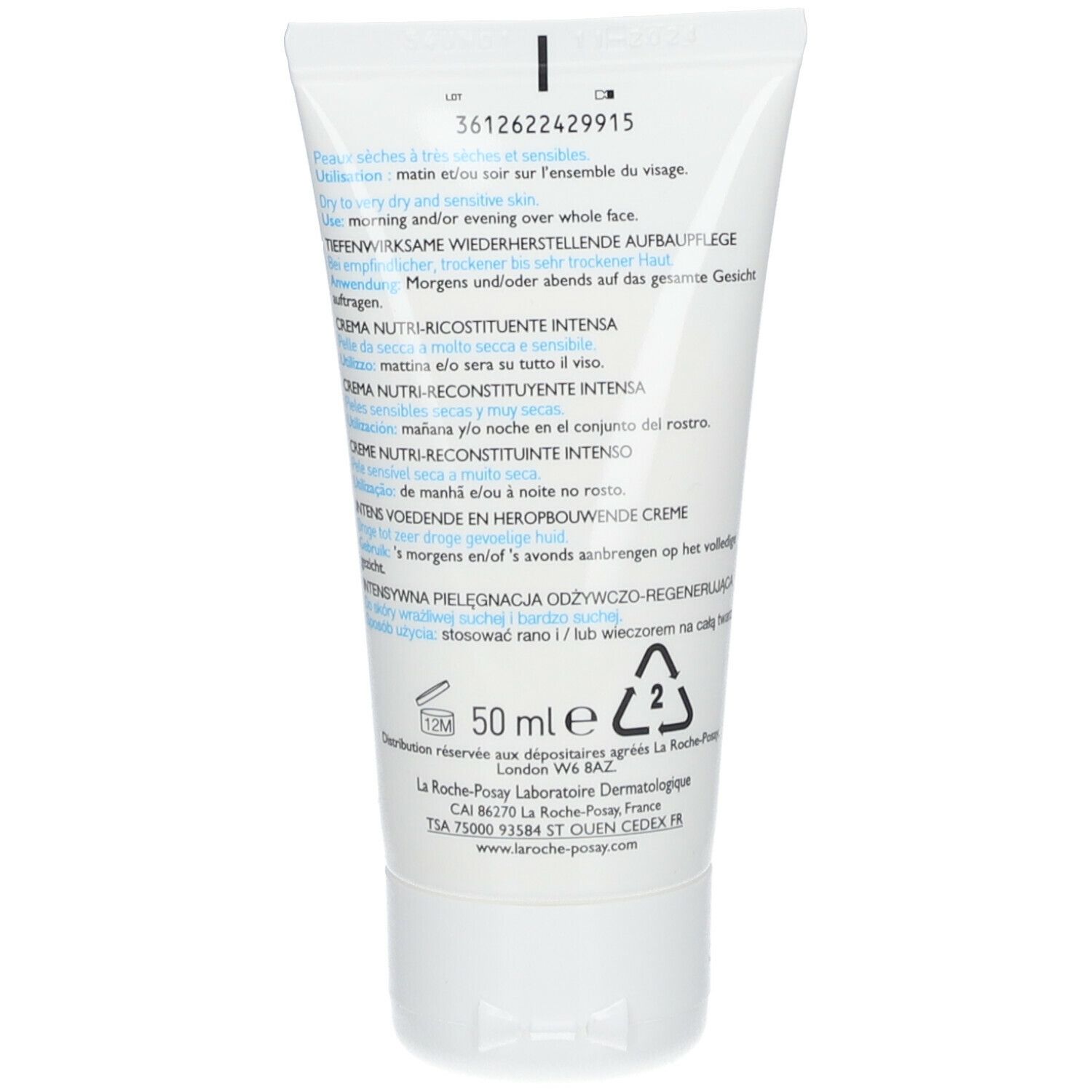 Achterkant van de witte tube. Tekst in meerdere talen. 50 ml. Recyclingsymbool.