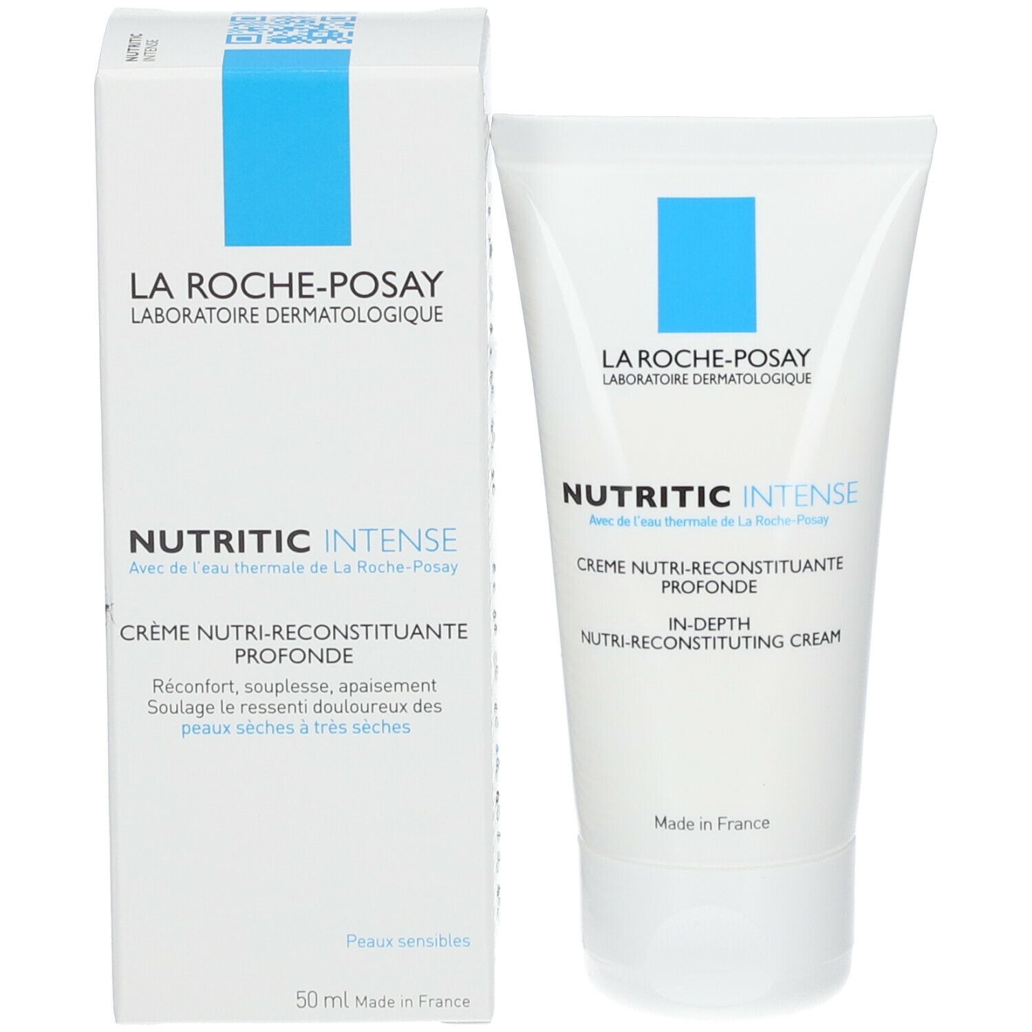 Witte doos en tube. Opschrift: La Roche-Posay, Nutritic Intense. Crème voor droge huid.