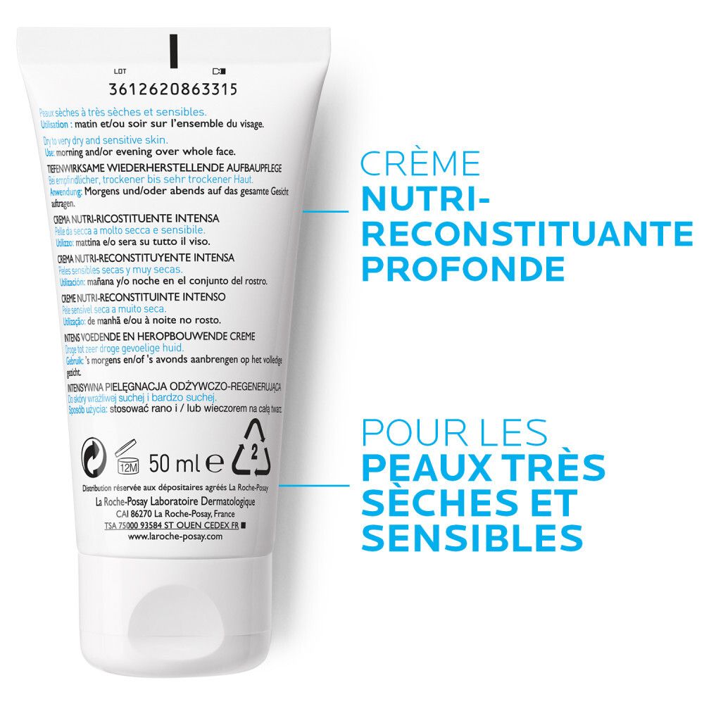 Dos du tube. Texte multilingue. 50 ml. Pour peaux très sèches.