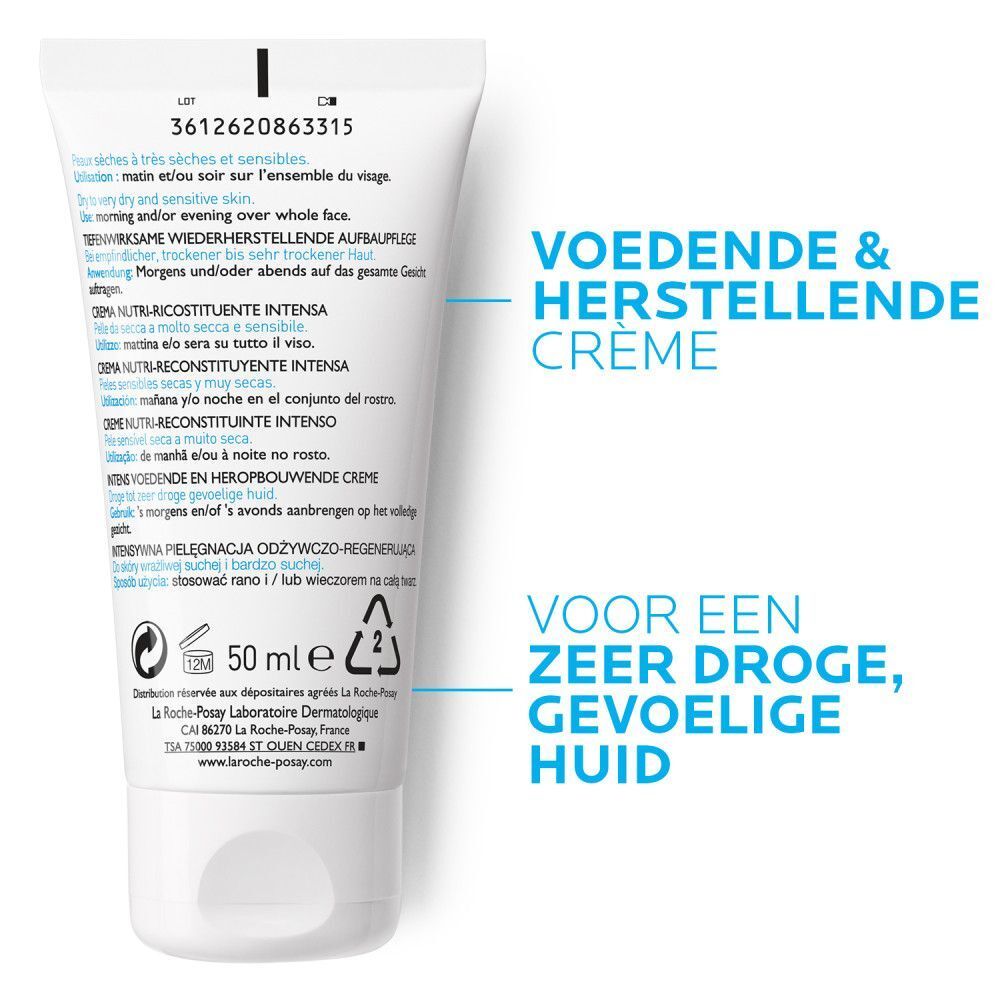Achterkant van de tube. Tekst in meerdere talen. 50 ml. Voor een zeer droge, gevoelige huid.