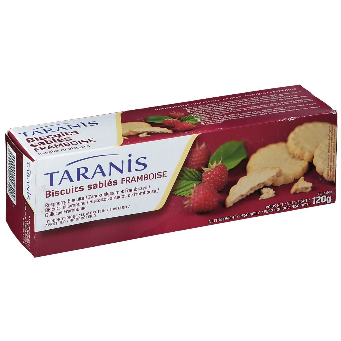 Boîte de biscuits sablés framboise Taranis. Inscription : Biscuits sablés framboise. Biscuits et framboises illustrés.