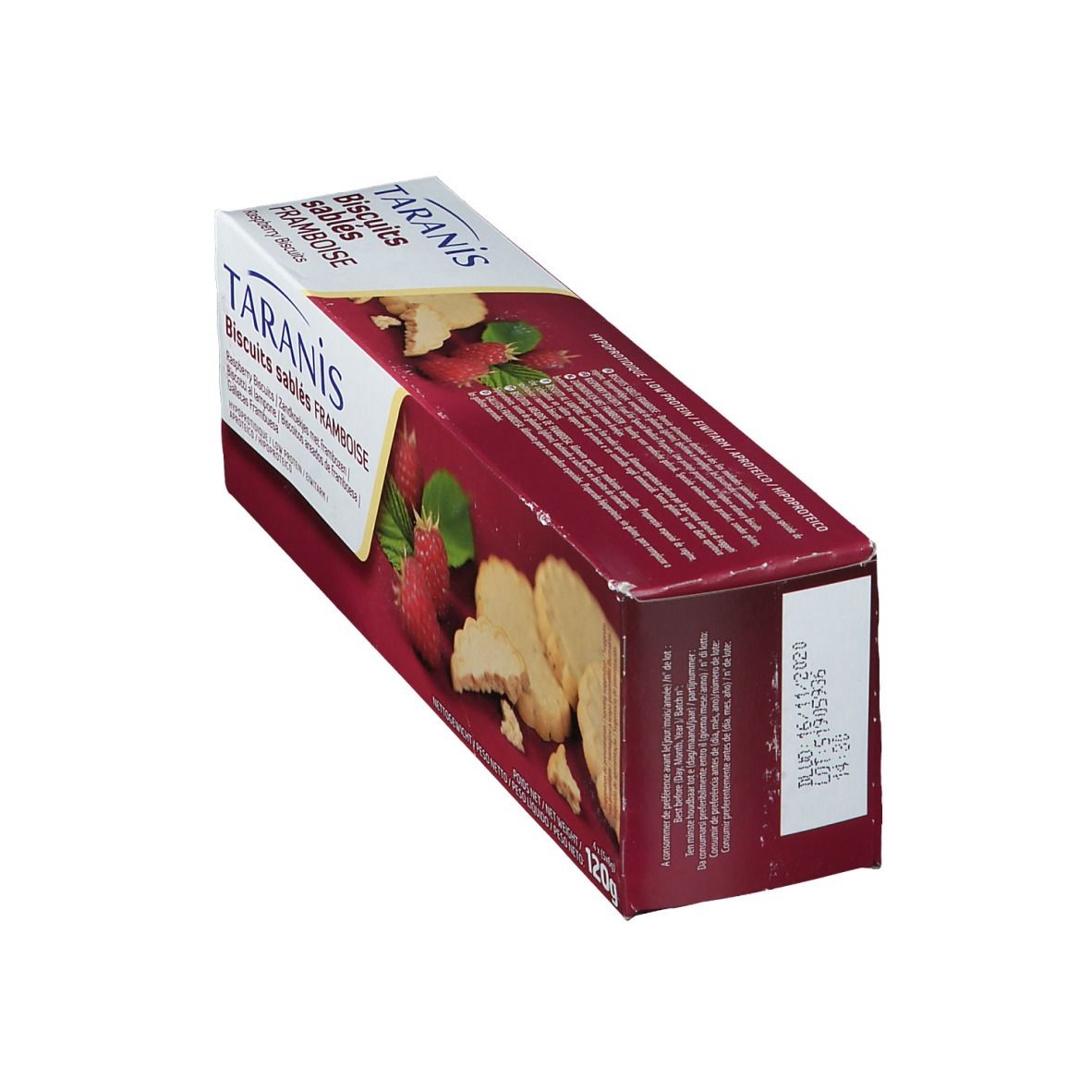 Vue oblique de la boîte de biscuits sablés framboise Taranis. Inscription : Biscuits sablés framboise. 120g.