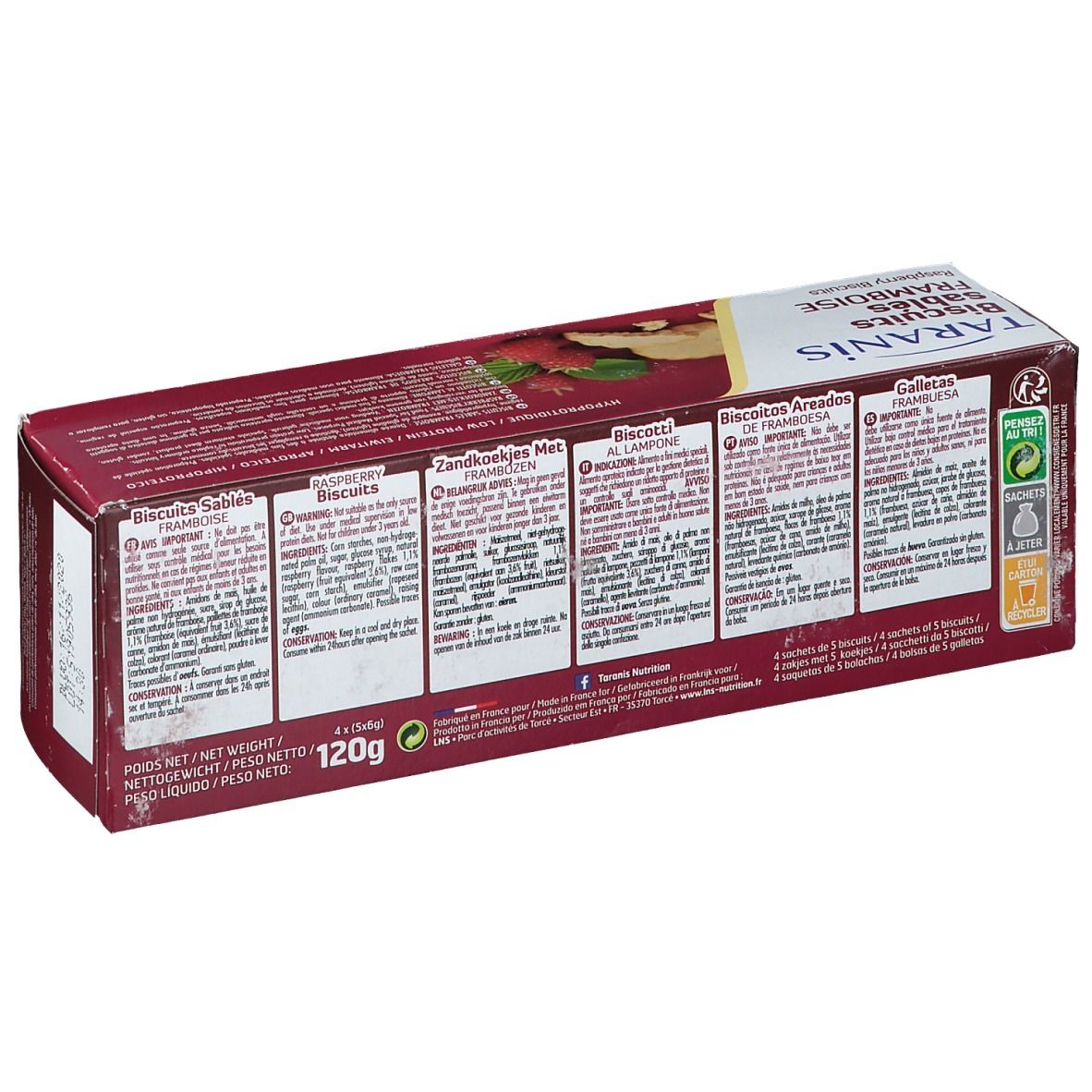 Dos de la boîte de biscuits sablés framboise Taranis. Textes multilingues. Poids net : 120g.