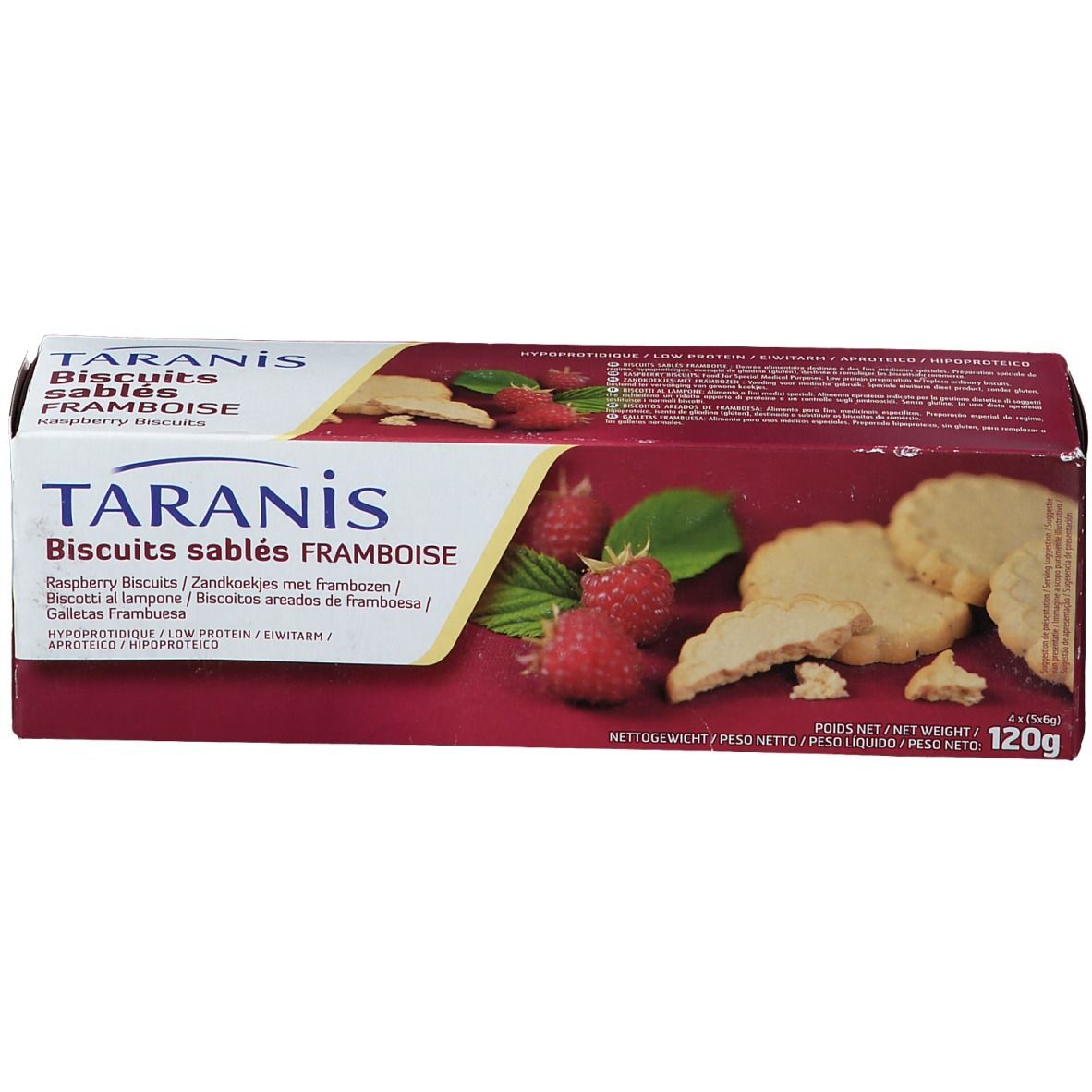 Boîte de biscuits sablés framboise Taranis. Inscription : Biscuits sablés framboise. Biscuits et framboises illustrés. 120g.