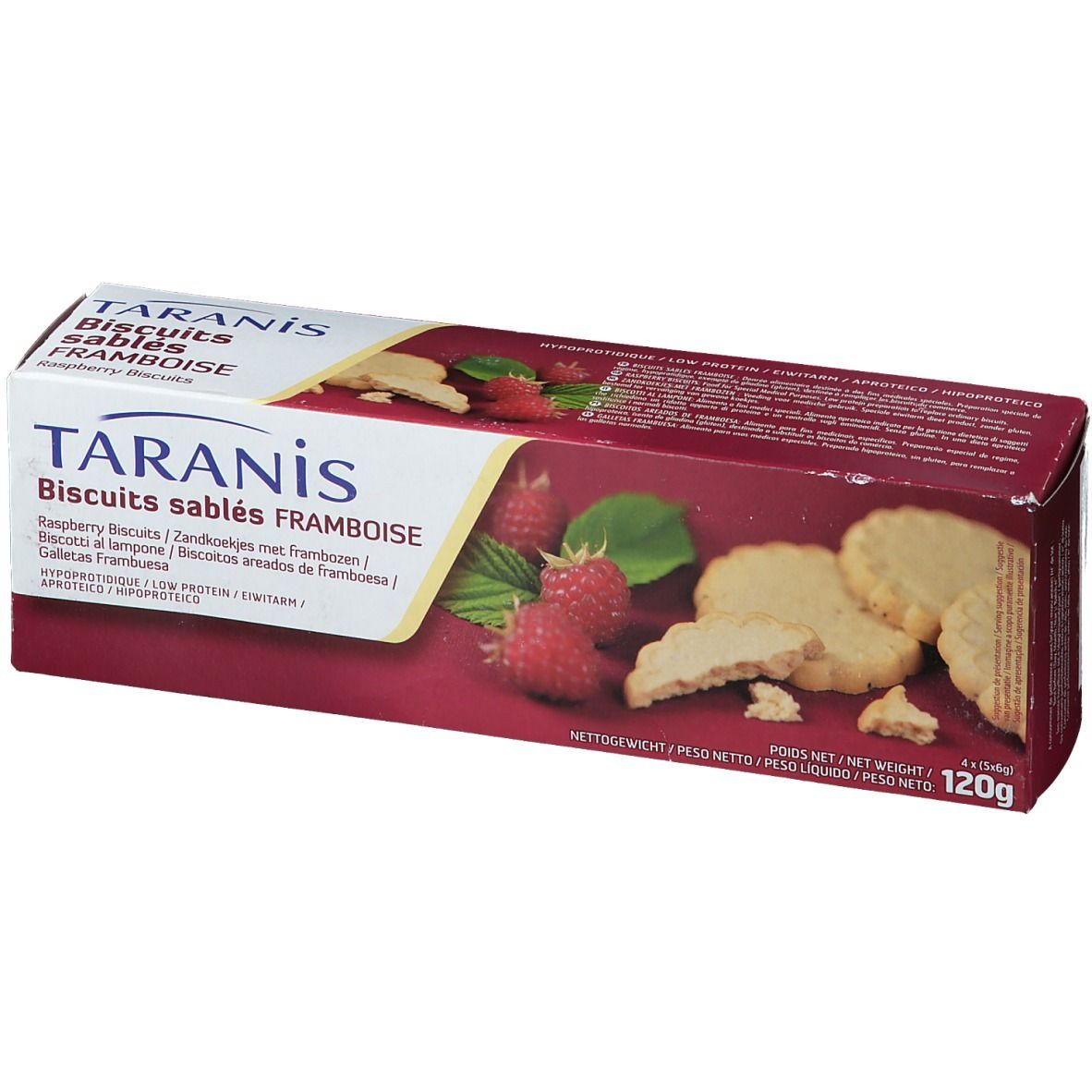 Boîte de biscuits sablés framboise Taranis. Inscription : Biscuits sablés framboise. Biscuits et framboises illustrés. 120g.