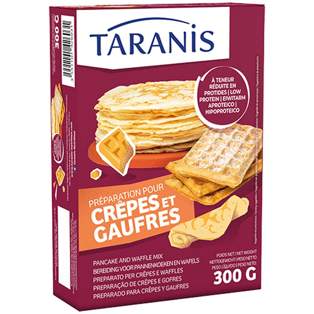 Boîte de mélange pour crêpes et gaufres Taranis. Inscription: Préparation pour Crêpes & Gaufres. Poids net: 300g.