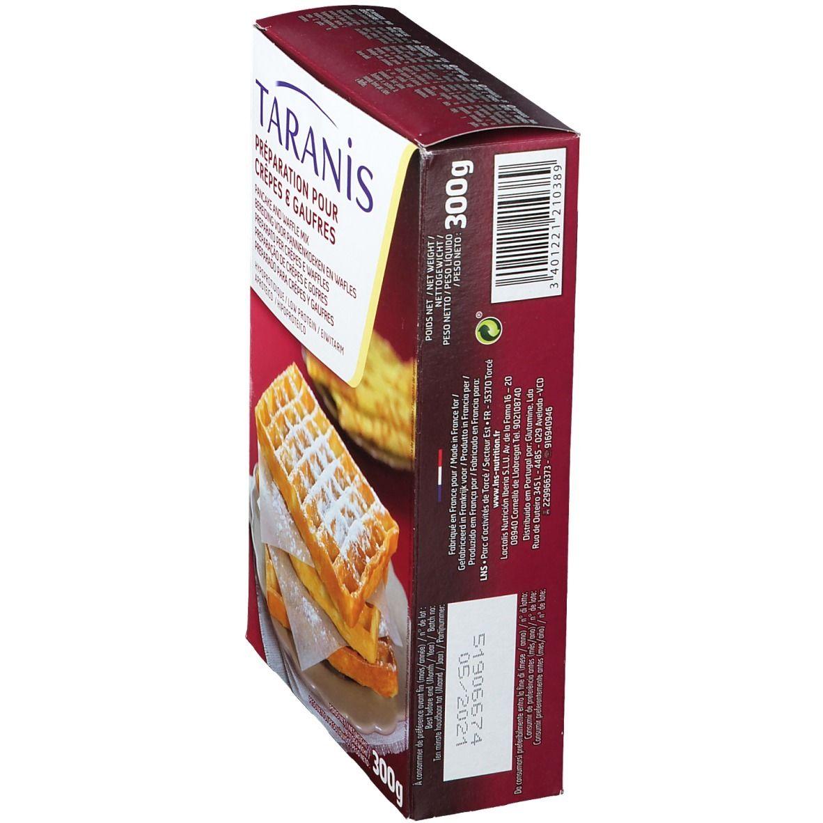 Boîte de mélange pour crêpes et gaufres Taranis. Inscription: Préparation pour Crêpes & Gaufres. Poids net: 300g.