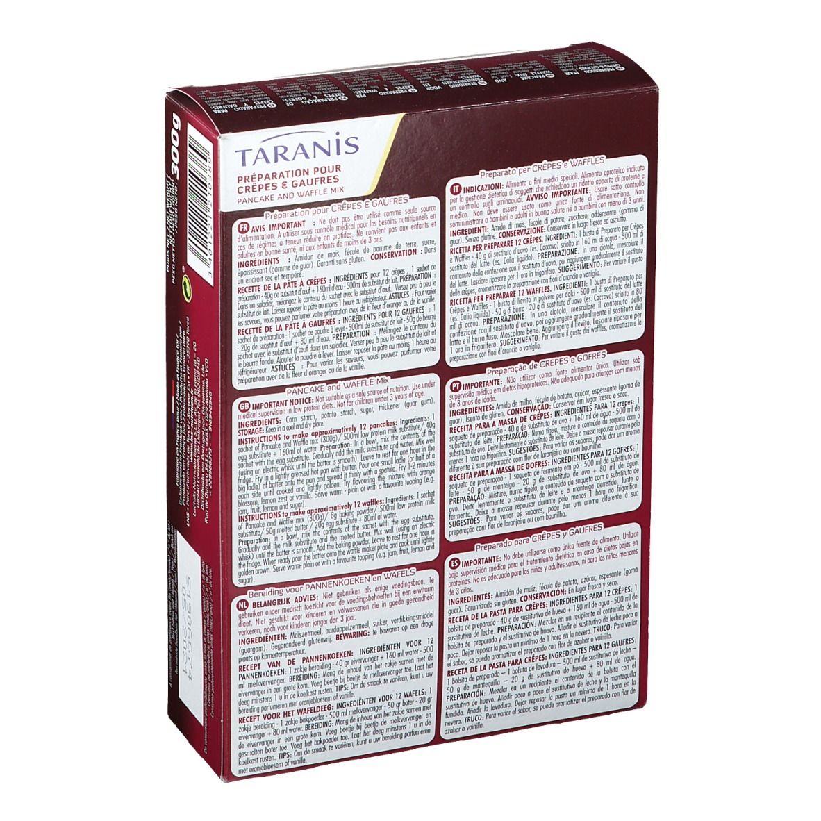 Boîte de mélange pour crêpes et gaufres Taranis. Inscription: Préparation pour Crêpes & Gaufres. 300g. Texte au dos.