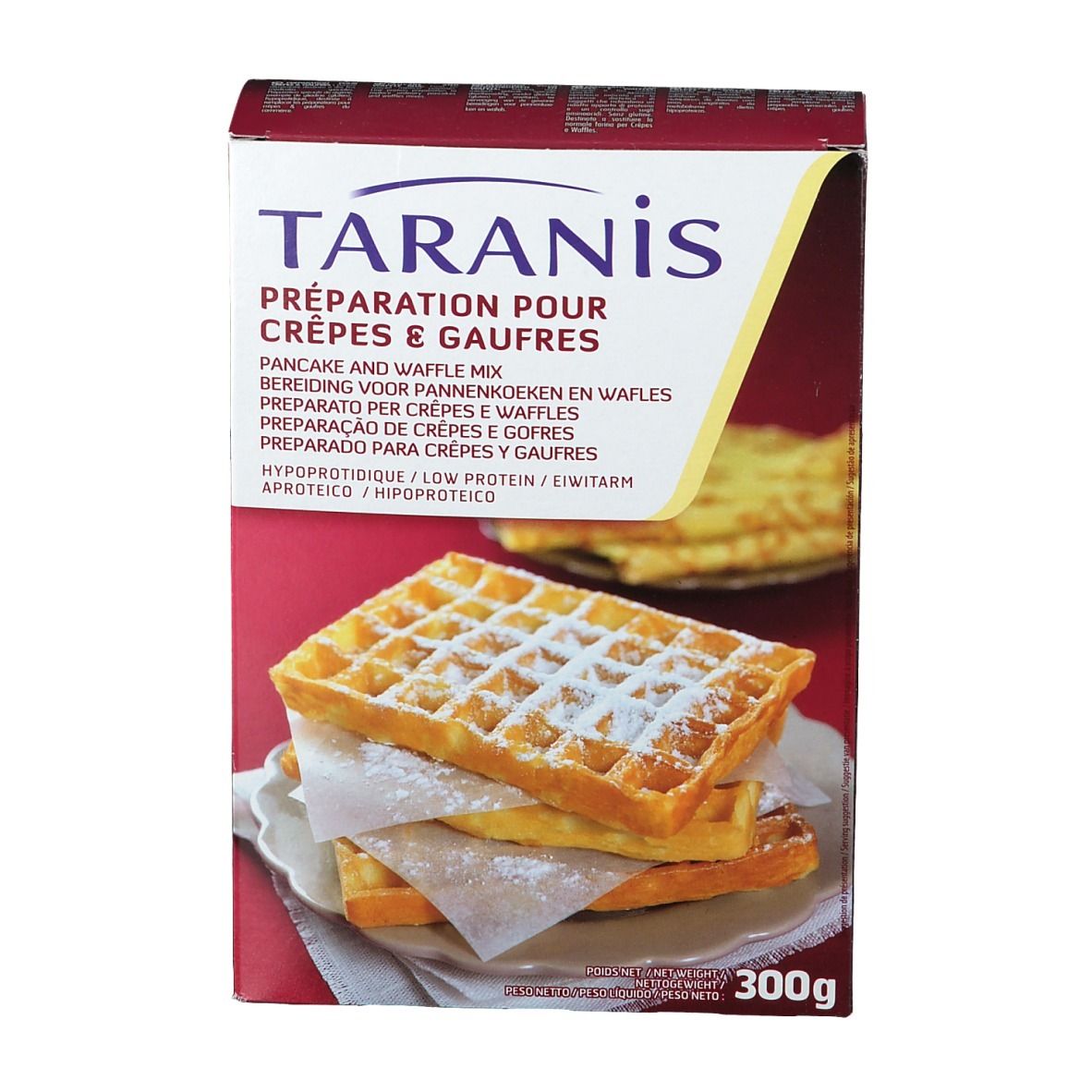Boîte de mélange pour crêpes et gaufres Taranis. Inscription: Préparation pour Crêpes & Gaufres. Poids net: 300g.