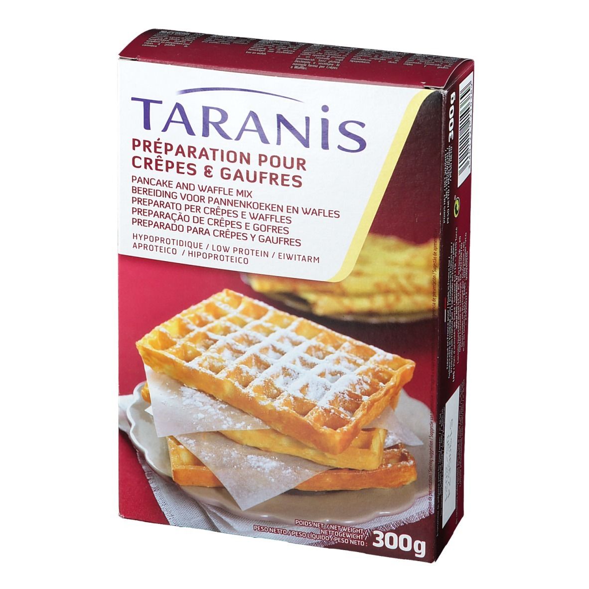 Boîte de mélange pour crêpes et gaufres Taranis. Inscription: Préparation pour Crêpes & Gaufres. Poids net: 300g.