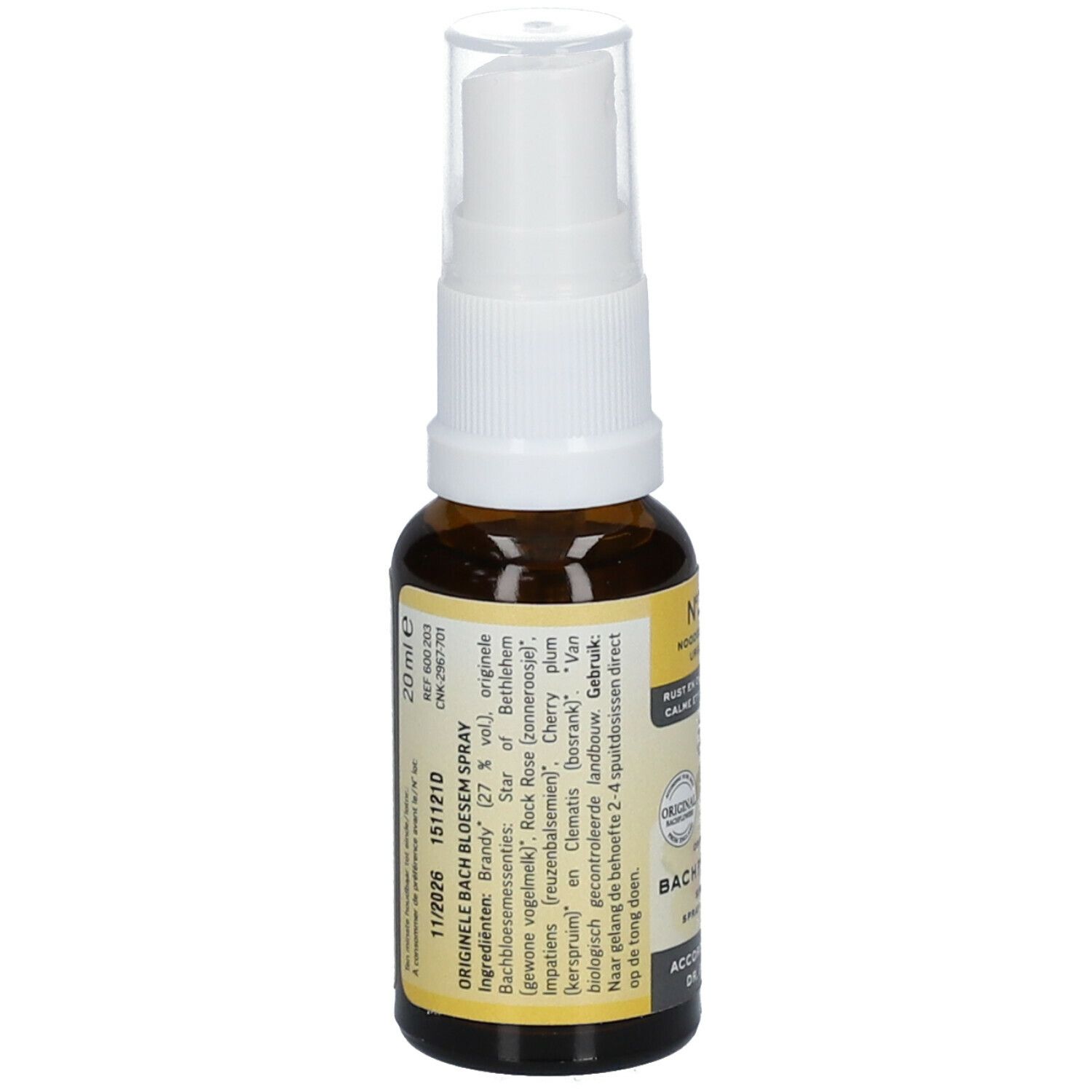 Braune Sprühflasche mit weißem Sprühkopf. Gelbes Etikett mit Text. Produkt: Original Bachblüten Spray. Zutatenliste und Verfallsdatum.