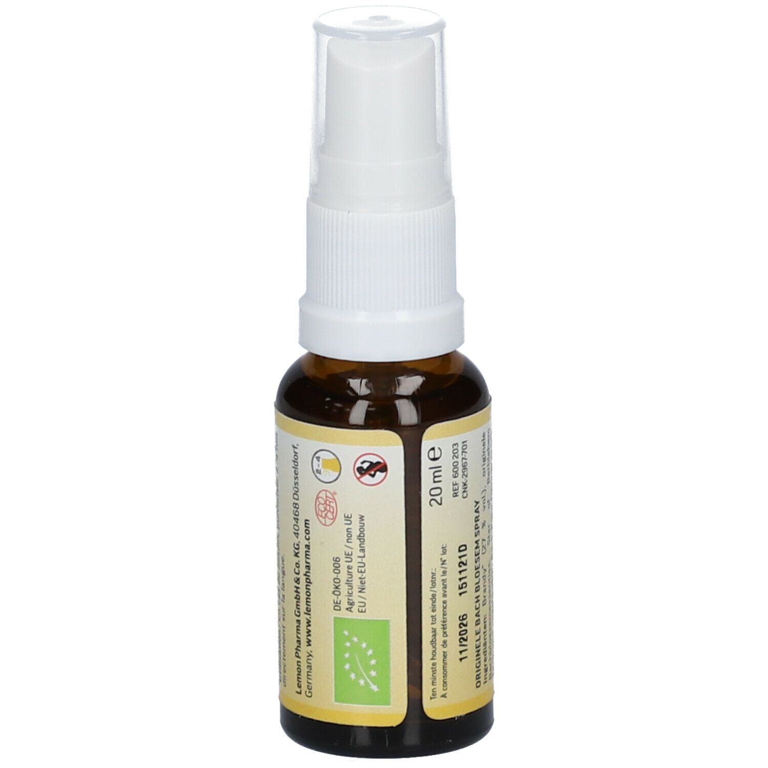 Braune Sprühflasche mit weißem Sprühkopf. Gelbes Etikett mit Text. Produkt: Original Bachblüten Spray. Bio-Zertifizierung.