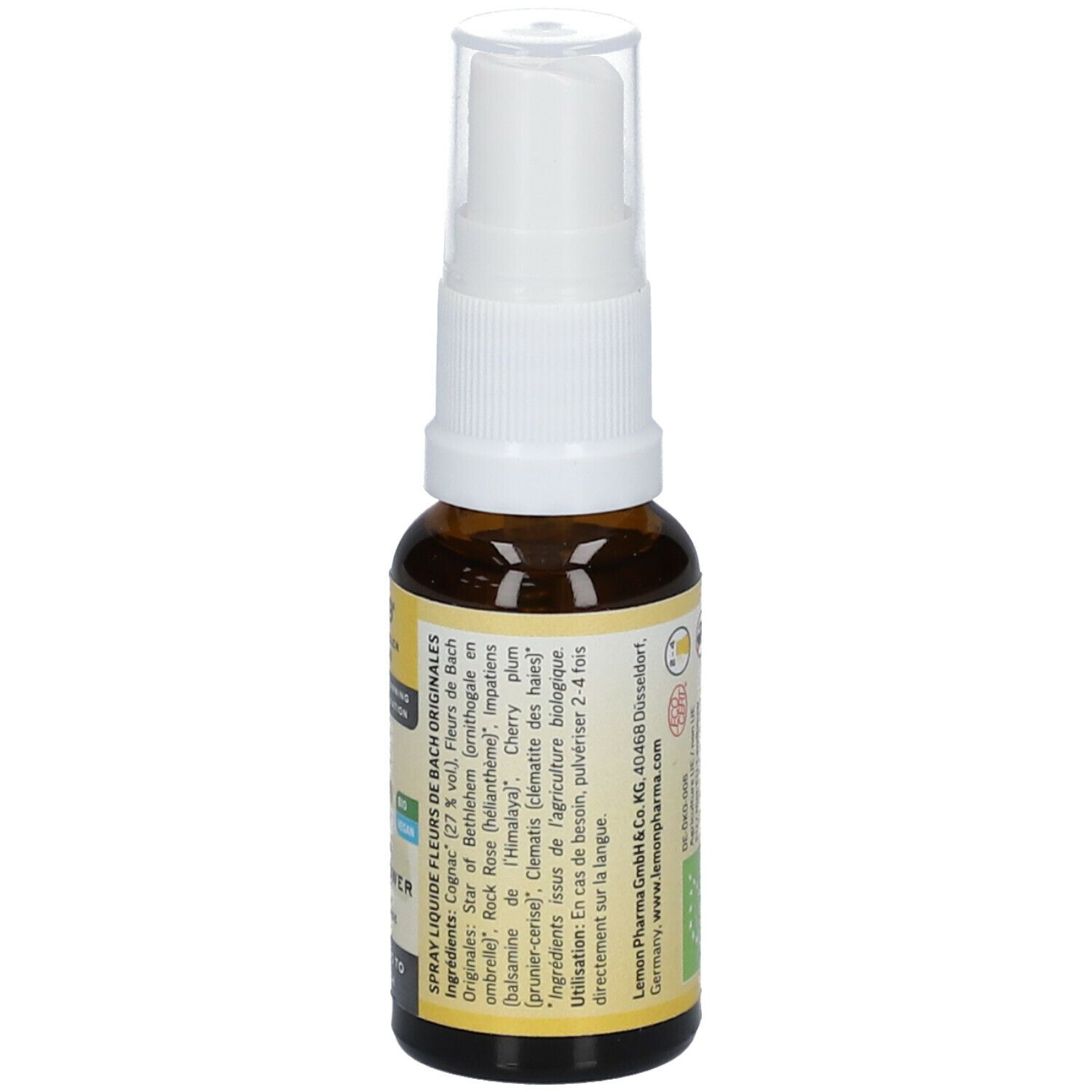 Braune Sprühflasche mit weißem Sprühkopf. Gelbes Etikett mit Text. Produkt: Original Bachblüten Spray. Gebrauchsanweisung.