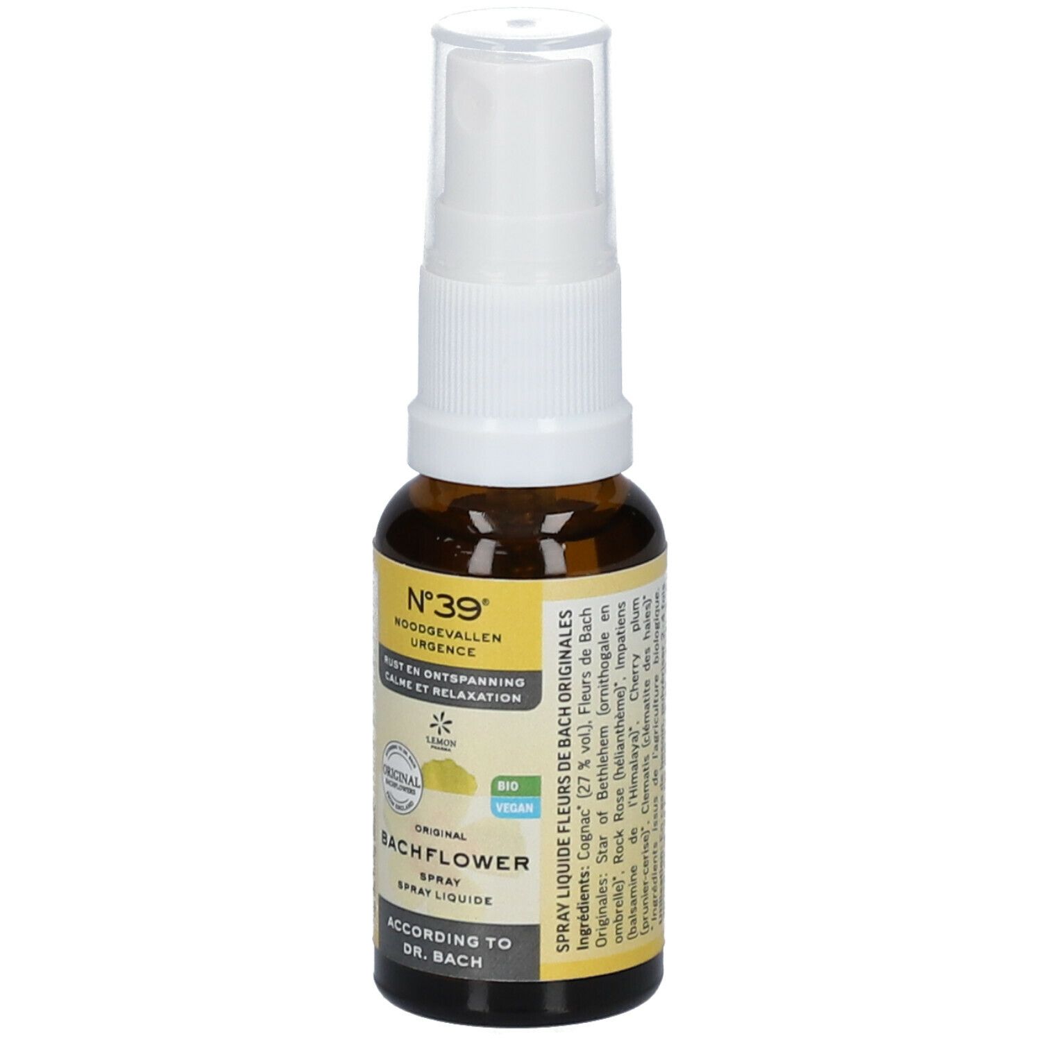 Braune Sprühflasche mit weißem Sprühkopf. Gelbes Etikett mit Text und Logo. Produktname: N°39 Notfall Original Bachblüten Tag Spray.