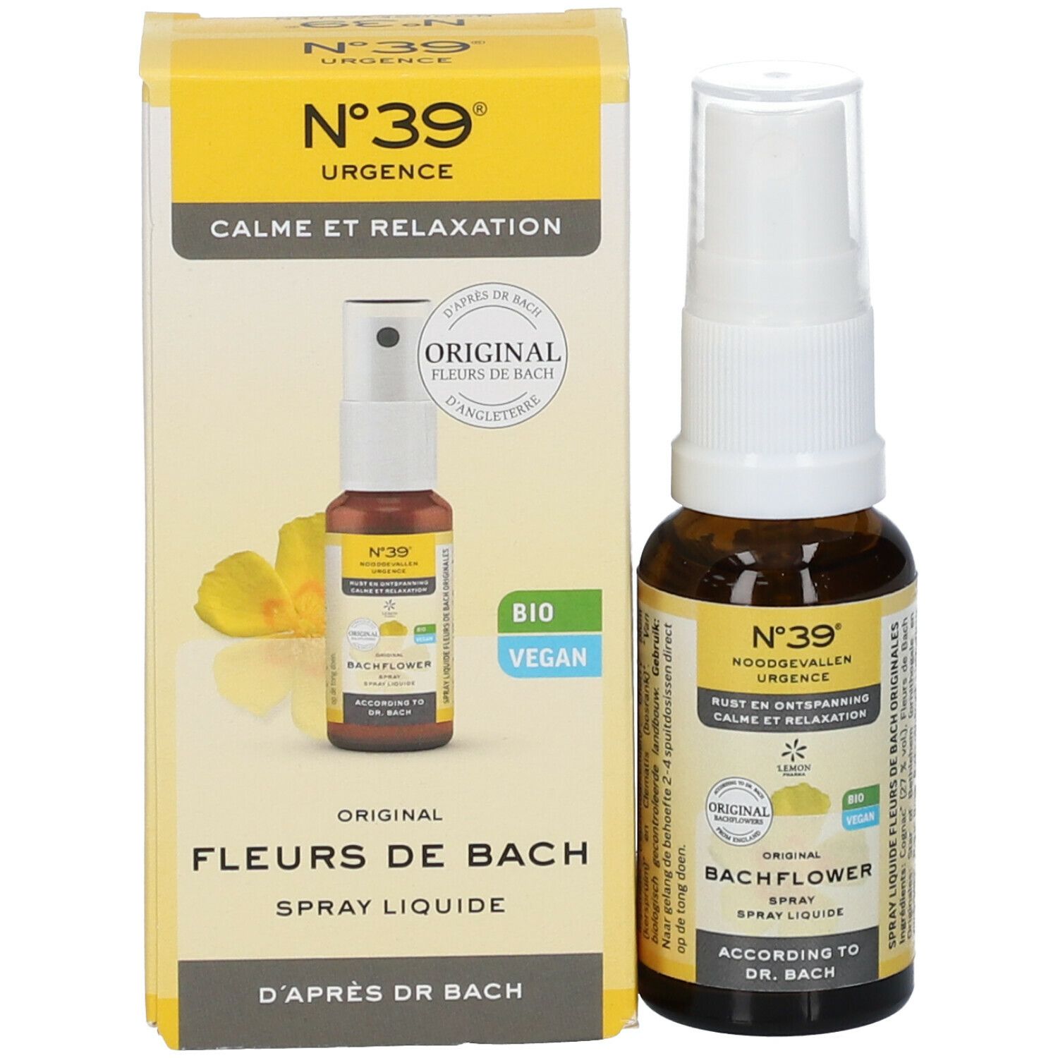 Produkt und Verpackung. Braune Sprühflasche und gelbe Schachtel. Produktname: N°39 Urgence Fleurs de Bach Spray. Bio-Zertifizierung.