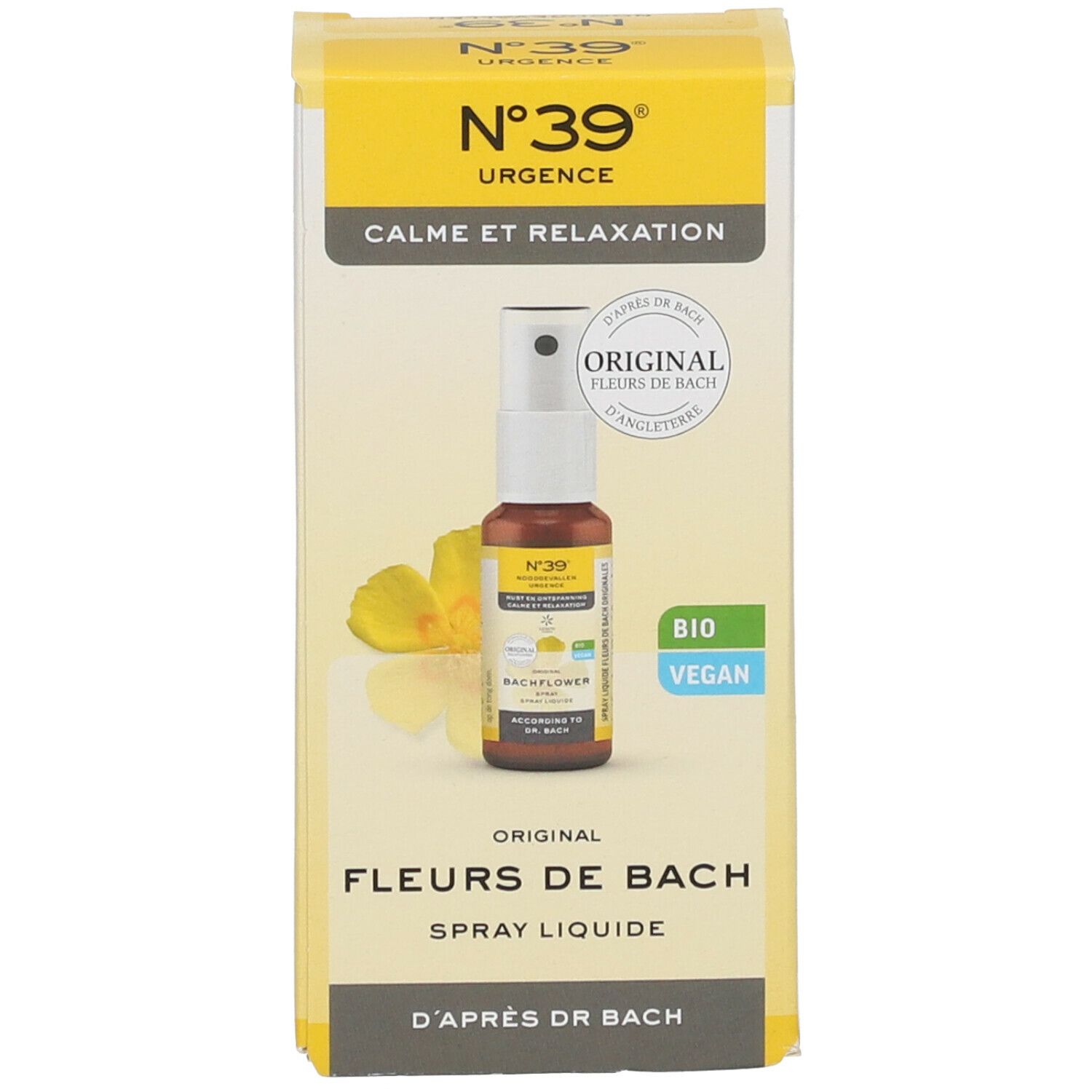 Produkt und Verpackung. Braune Sprühflasche und gelbe Schachtel. Produktname: N°39 Urgence Fleurs de Bach Spray. Vegan-Siegel.