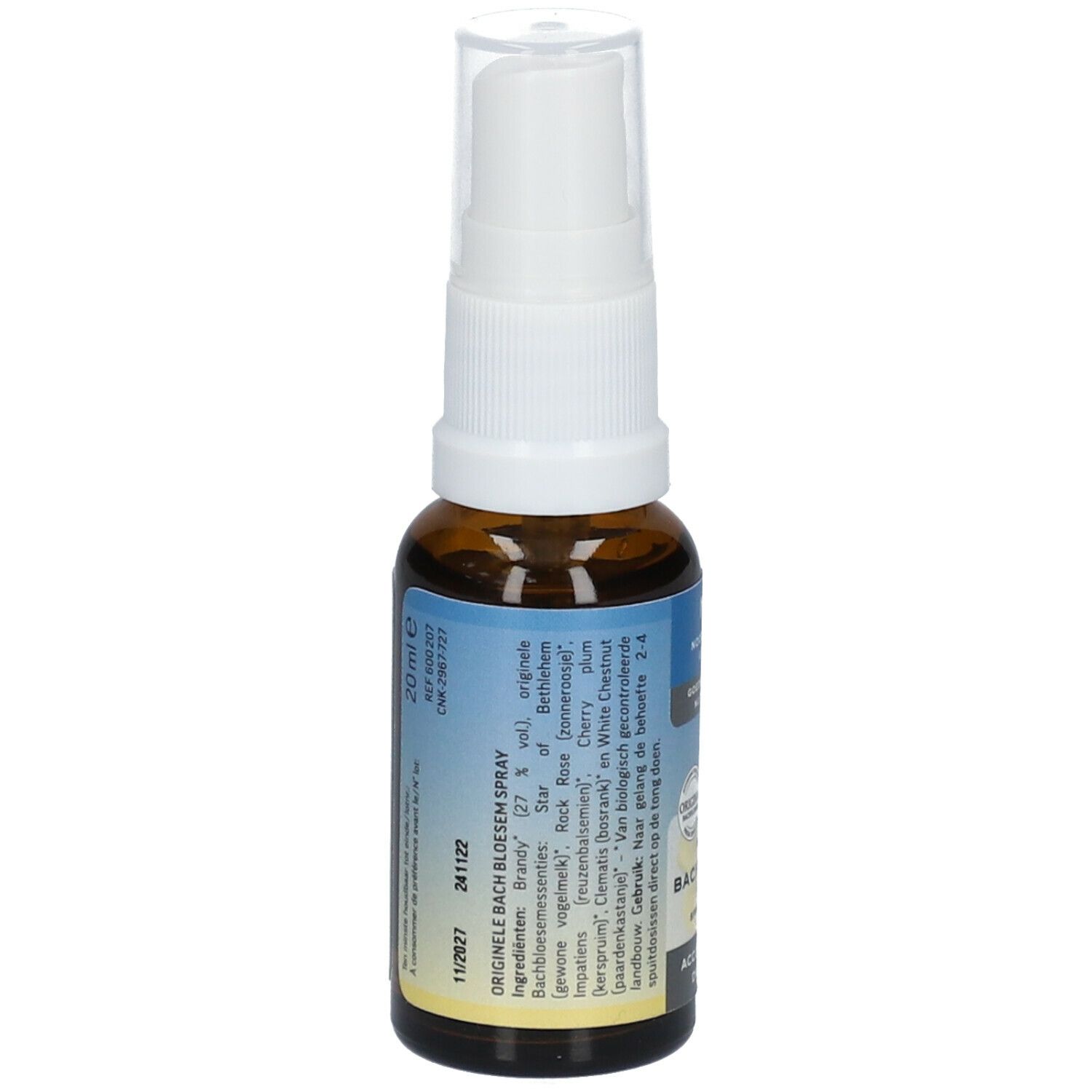 Dos du flacon en verre brun avec vaporisateur blanc. Étiquette avec ingrédients et informations fabricant. Texte : Original Spray Fleurs de Bach.